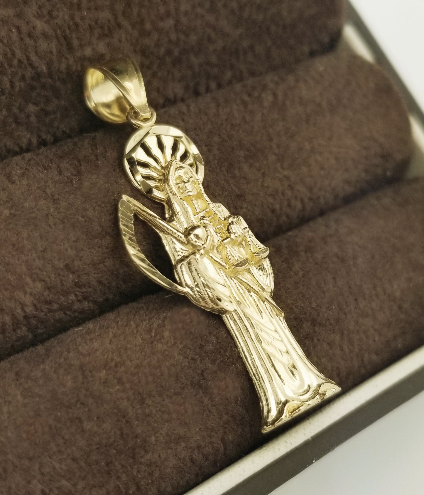 10k Yellow Gold Santa Muerte Pendant Charm 1.5 in