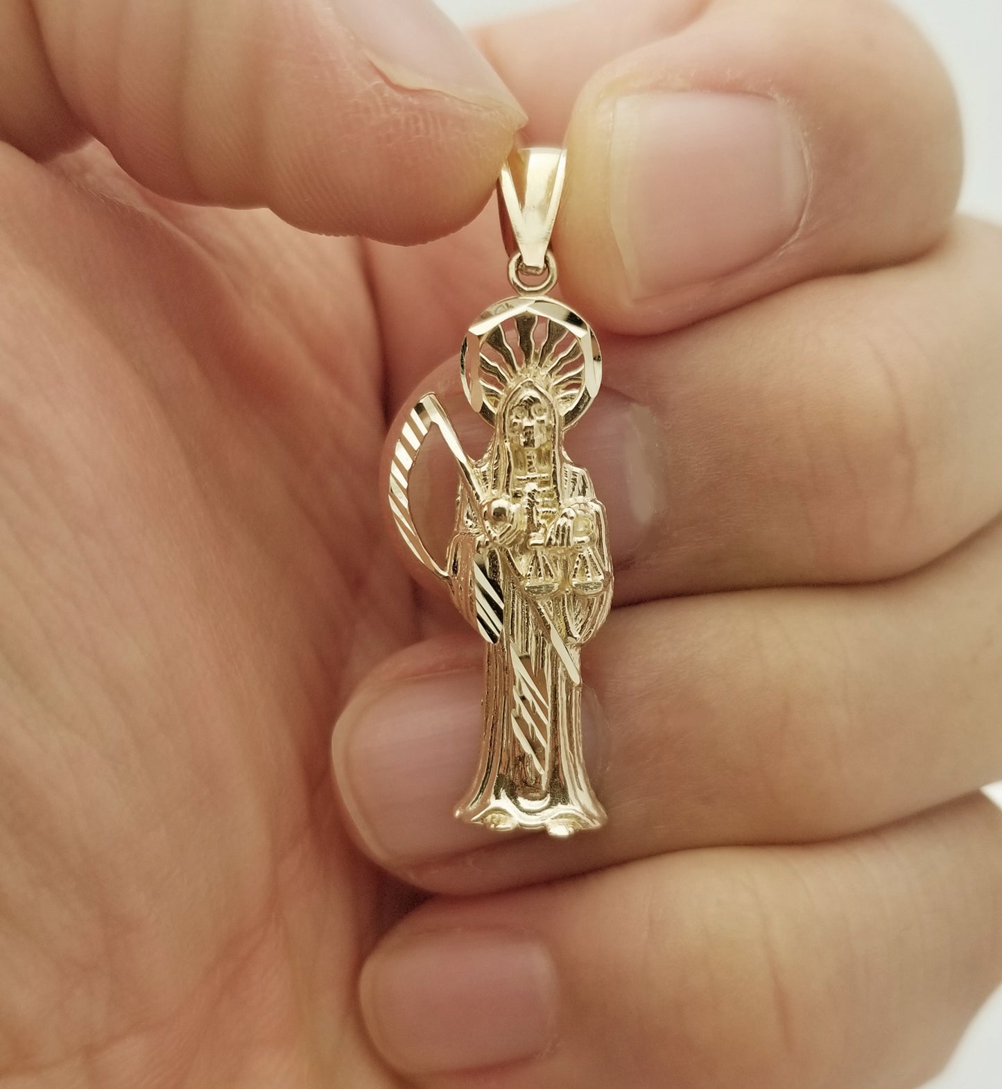10k Yellow Gold Santa Muerte Pendant Charm 1.5 in