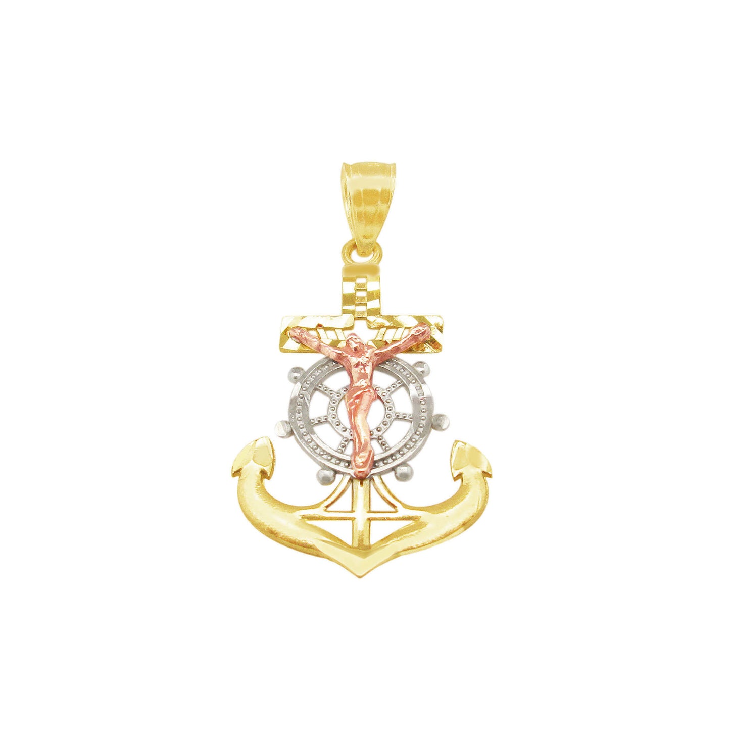 10K Tri Tone Gold Mariners Anchor Charm Cross Pendant