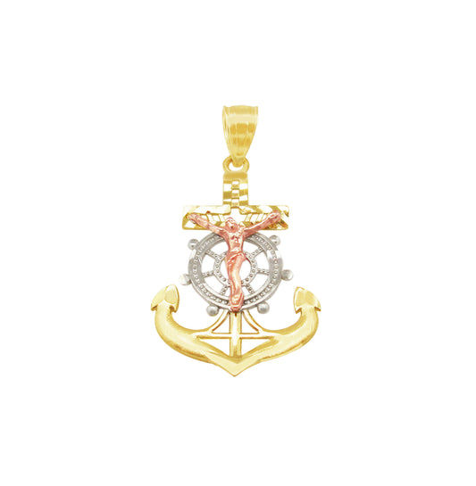 10K Tri Tone Gold Mariners Anchor Charm Cross Pendant