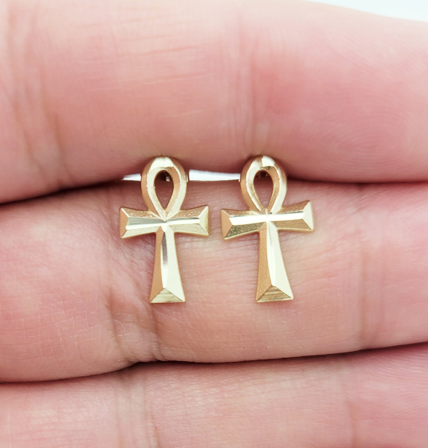 10K Yellow Gold Ankh Cross Earrings Egyptian Cross Earrings