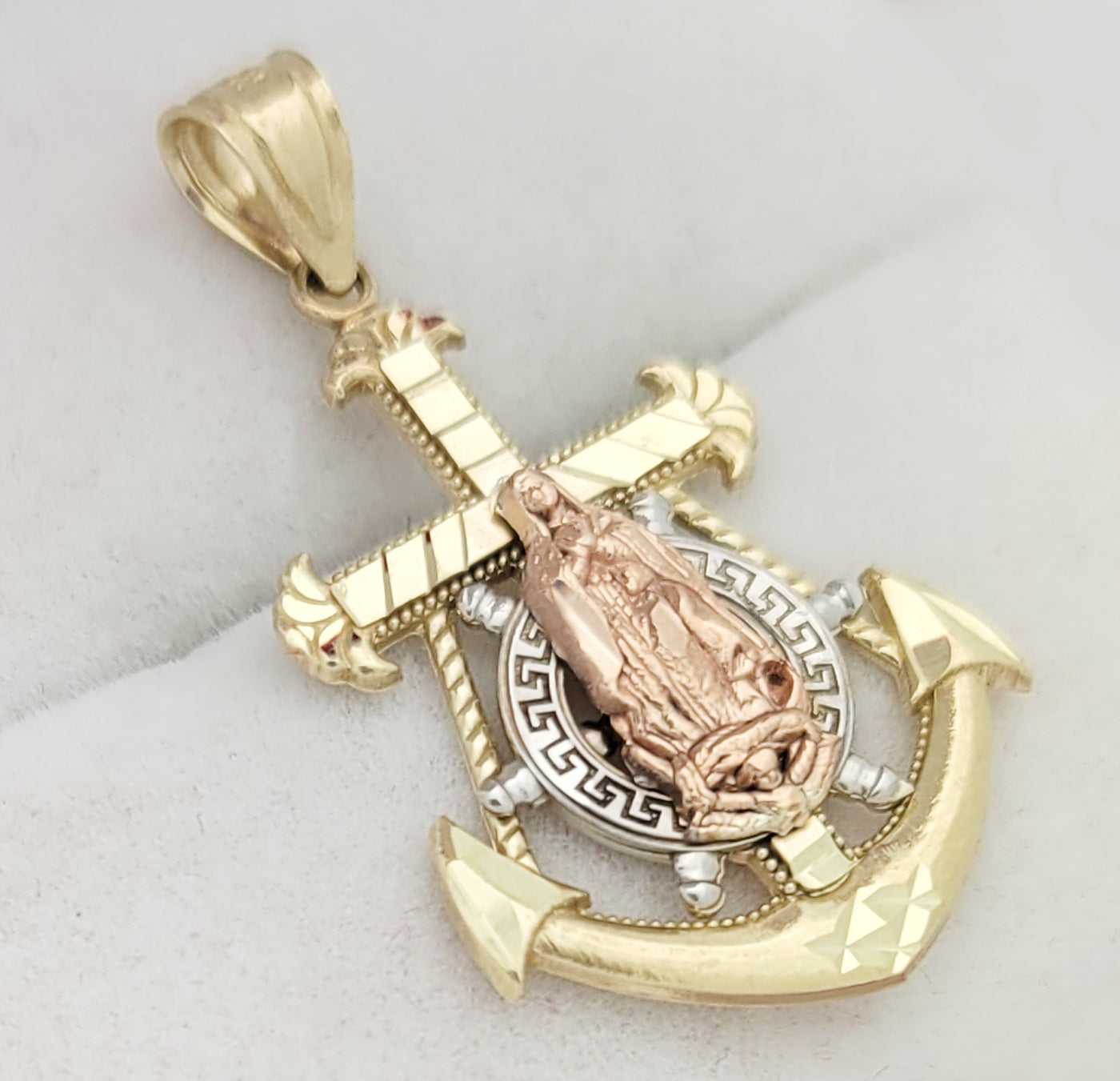 10K Tri Tone Gold Mariners Anchor Charm Guadalupe Cross Pendant