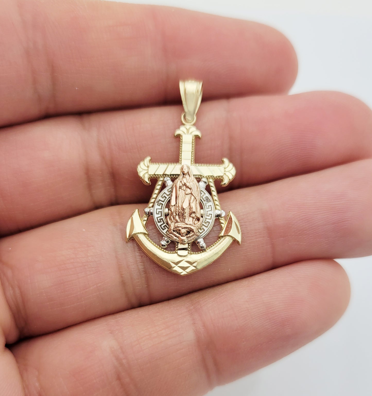 10K Tri Tone Gold Mariners Anchor Charm Guadalupe Cross Pendant