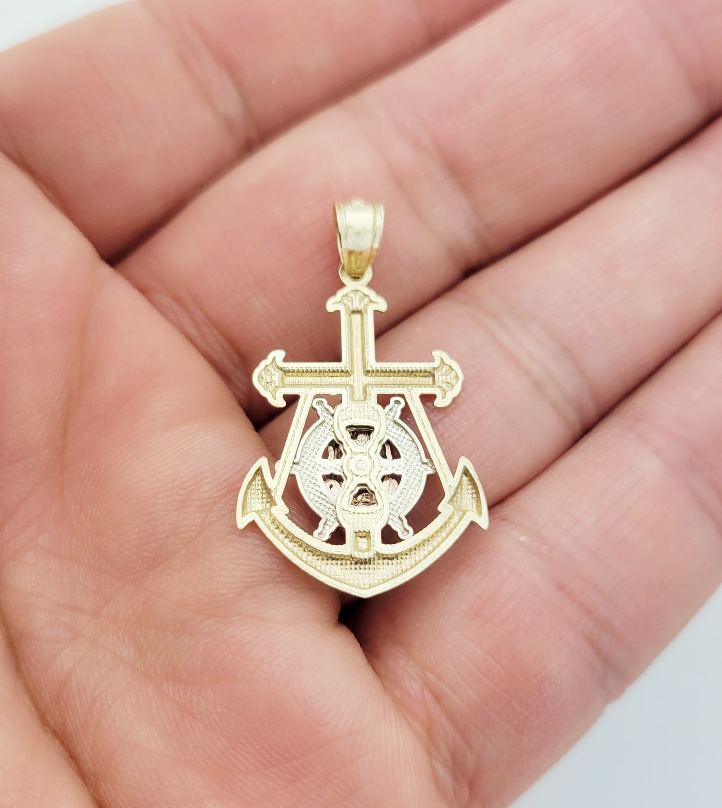 10K Tri Tone Gold Mariners Anchor Charm Guadalupe Cross Pendant