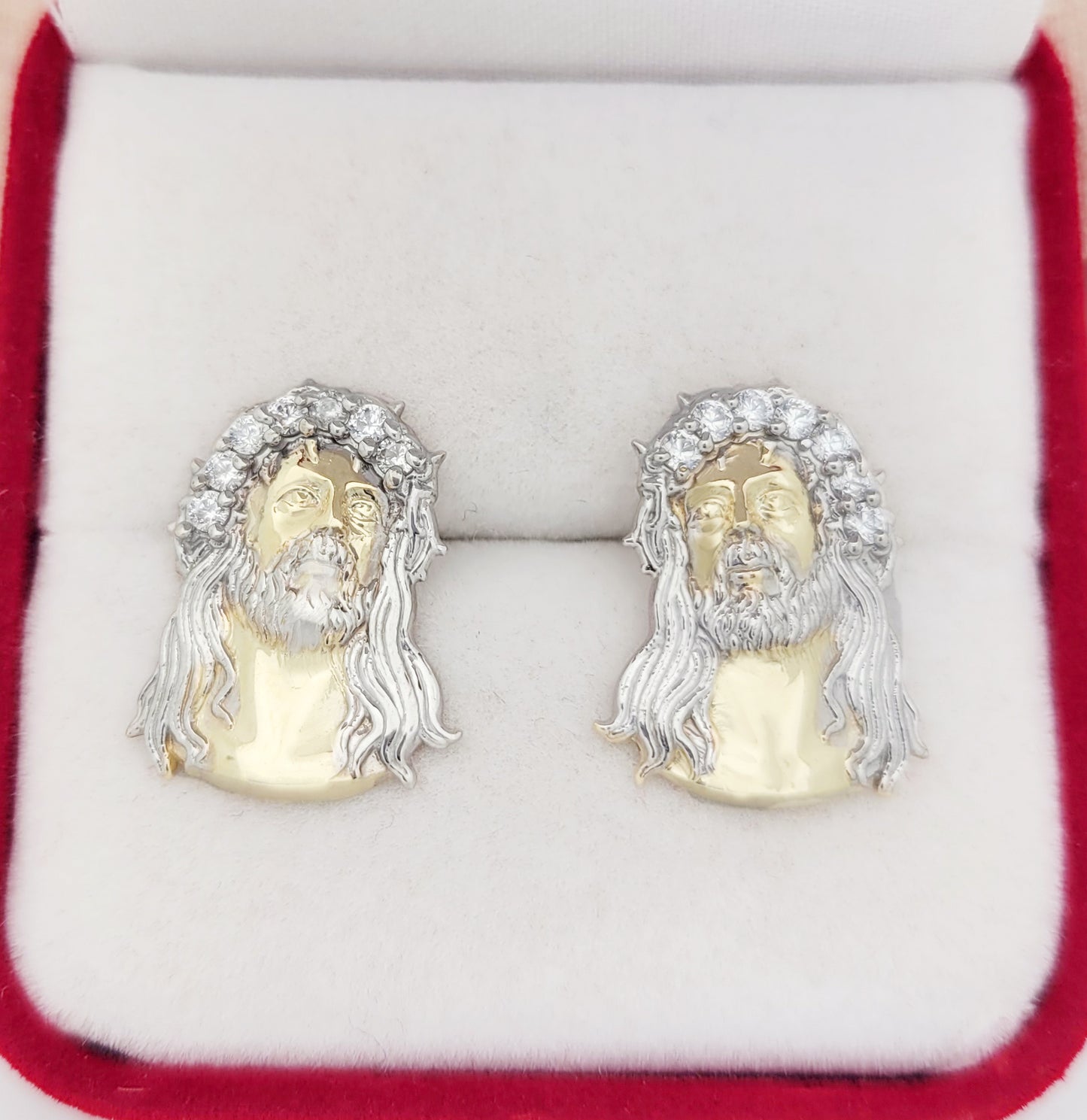 Men's 10K Yellow Gold Jesus Earrings Jesus Face CZ Earrings 0.85 in x 0.7 in