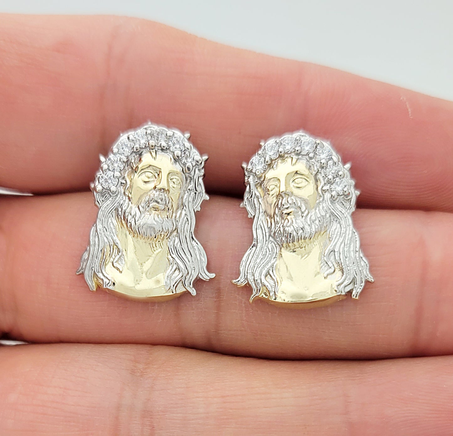 Men's 10K Yellow Gold Jesus Earrings Jesus Face CZ Earrings 0.85 in x 0.7 in