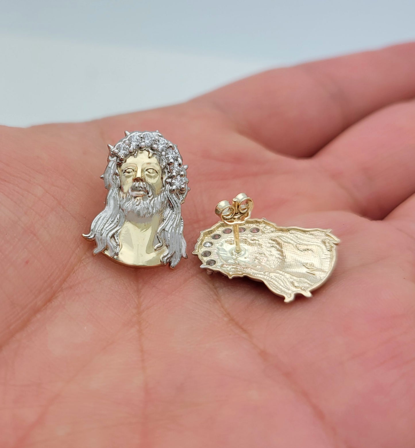 Men's 10K Yellow Gold Jesus Earrings Jesus Face CZ Earrings 0.85 in x 0.7 in