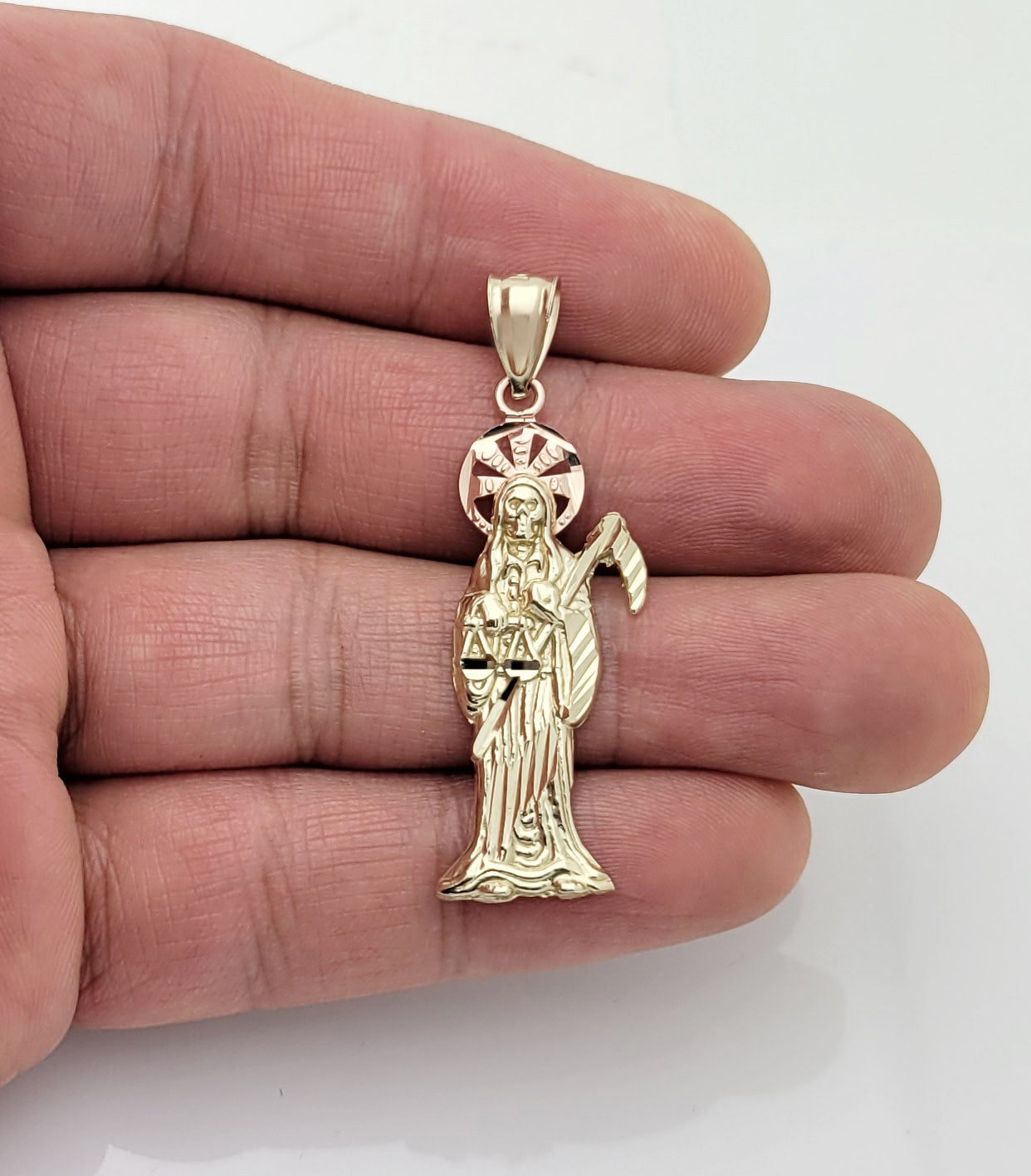 10k Gold Santa Muerte Pendant Charm 1.8 inch