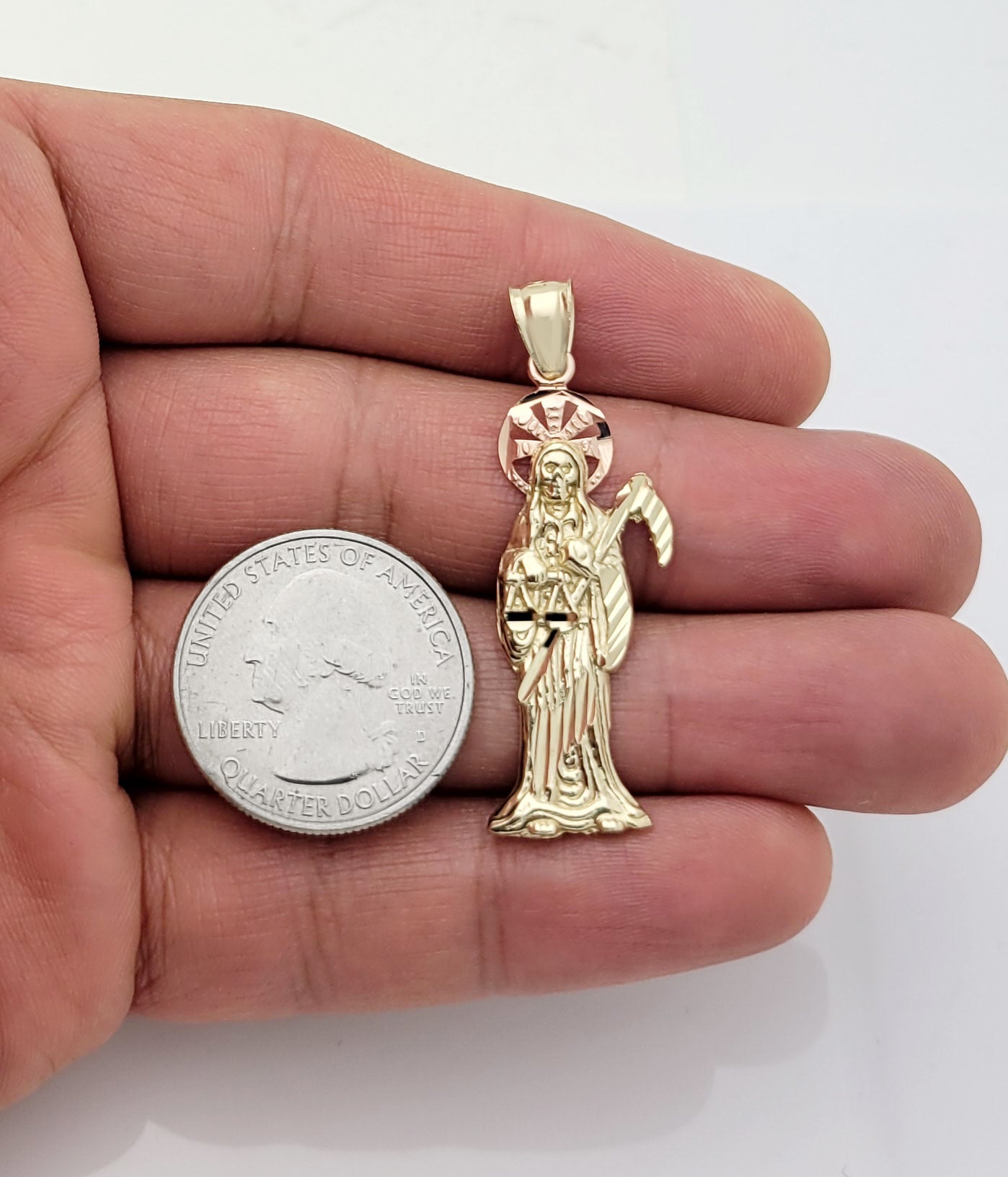 10k Gold Santa Muerte Pendant Charm 1.8 inch