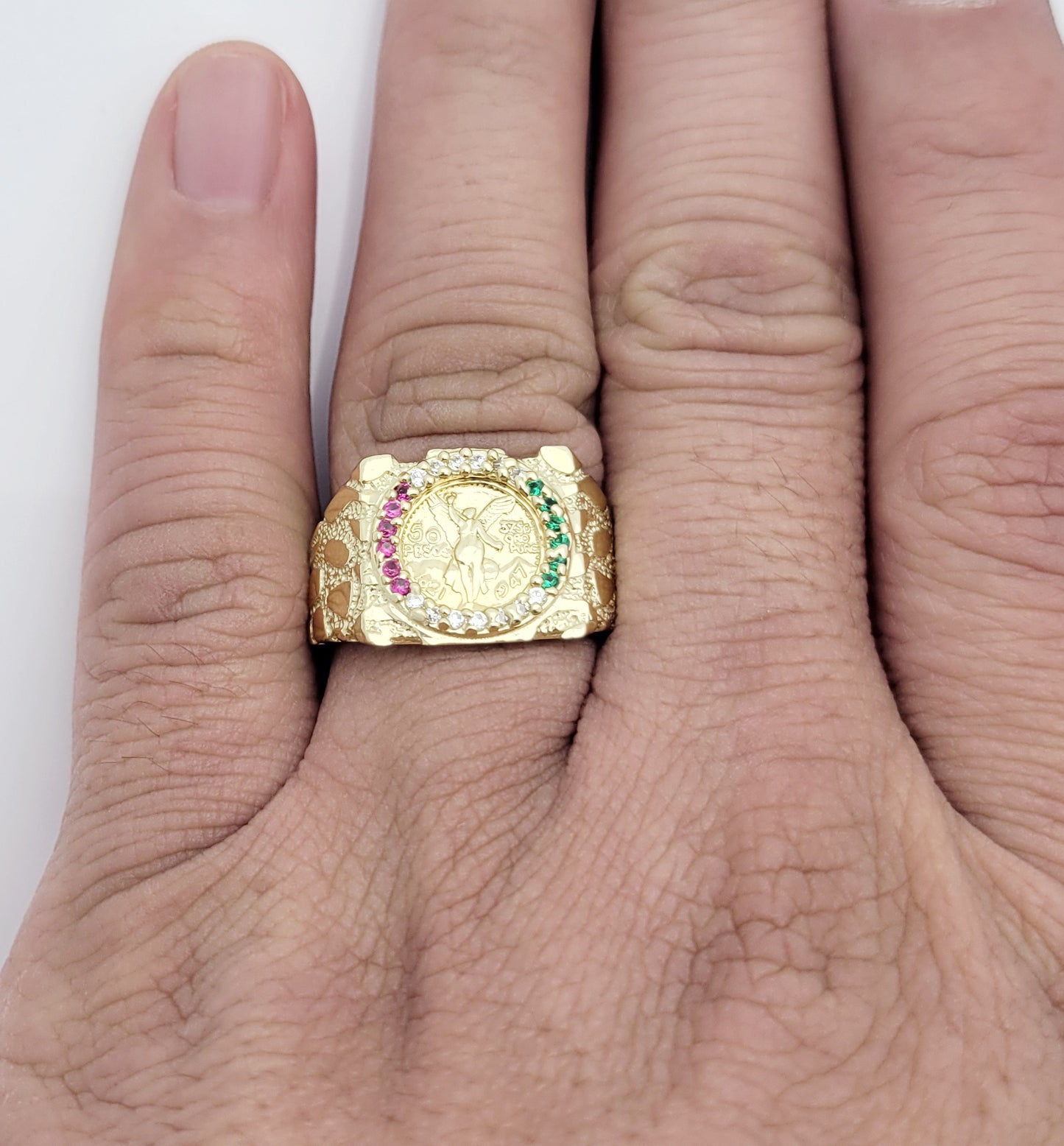10K Yellow Gold 50 Pesos 1821 Coin Ring Nugget Gold Coin Ring Mexican Flag Color Ring
