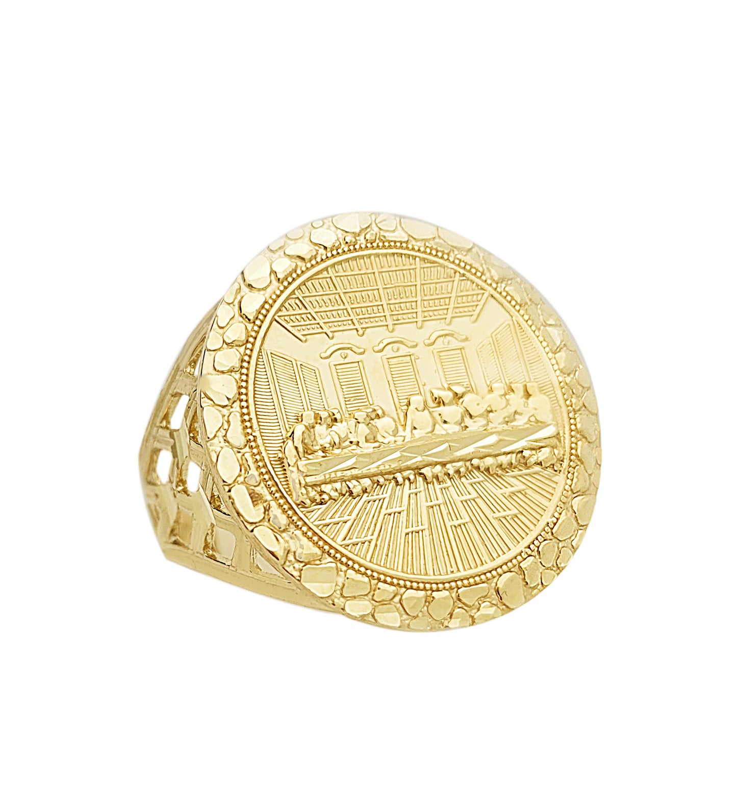 10K Yellow Gold Last Supper Ring Mens Last Supper Solid Gold Ring Round Head