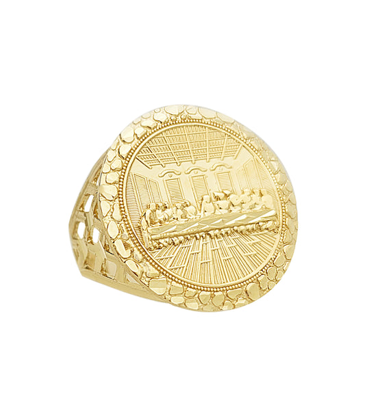 10K Yellow Gold Last Supper Ring Mens Last Supper Solid Gold Ring Round Head