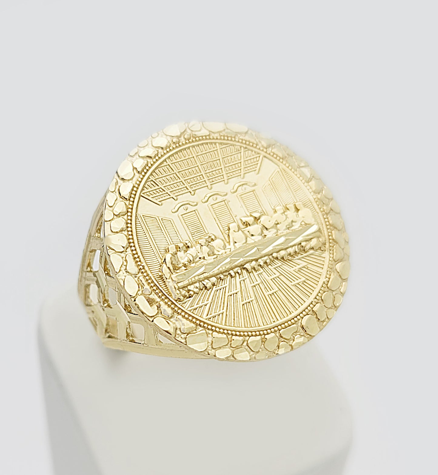 10K Yellow Gold Last Supper Ring Mens Last Supper Solid Gold Ring Round Head
