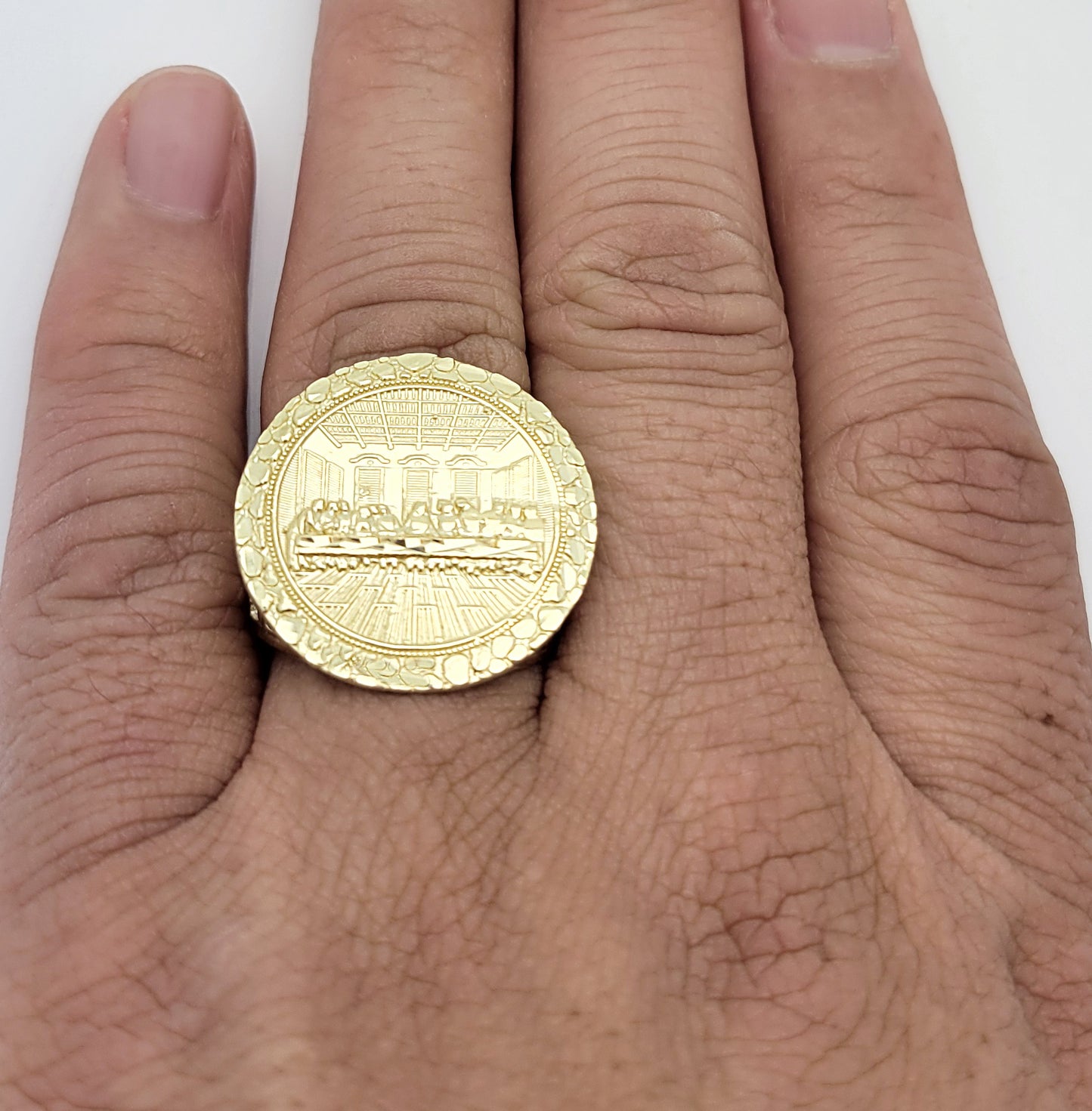 10K Yellow Gold Last Supper Ring Mens Last Supper Solid Gold Ring Round Head