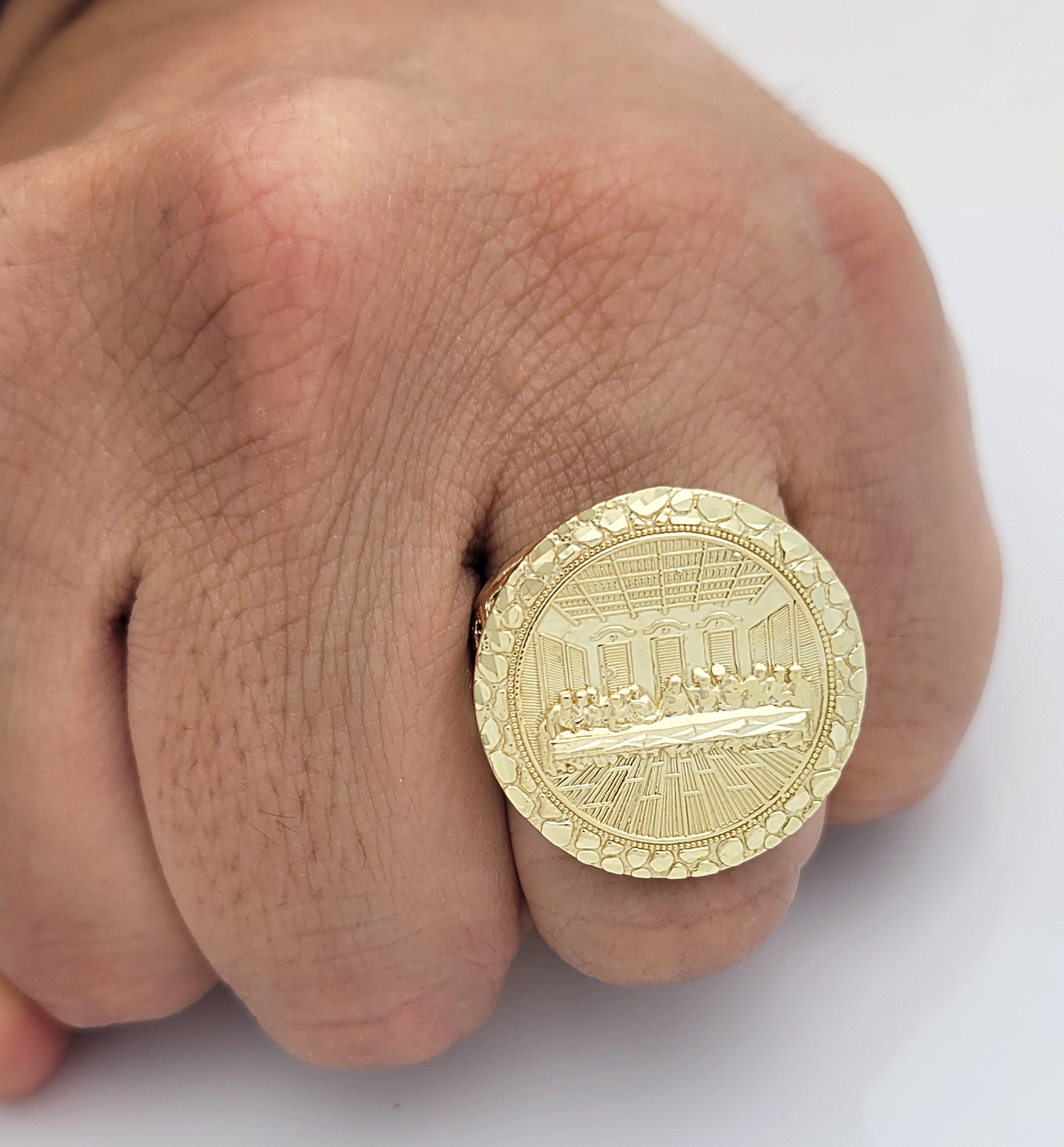 10K Yellow Gold Last Supper Ring Mens Last Supper Solid Gold Ring Round Head
