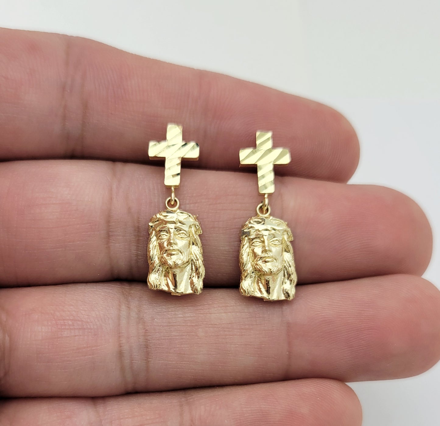10K Yellow Gold Jesus and Cross Earrings Jesus Face