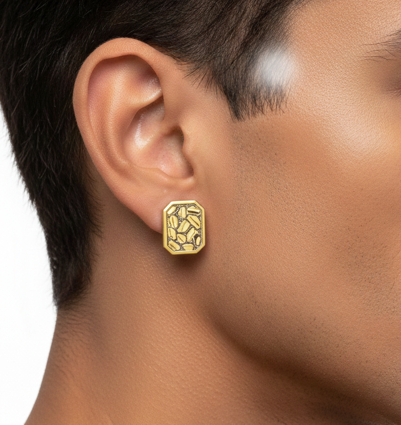 10K Gold Nugget Earrings for Men & Women, Real Yellow Gold Octagon Rectangular Studs, Hip Hop Jewelry
