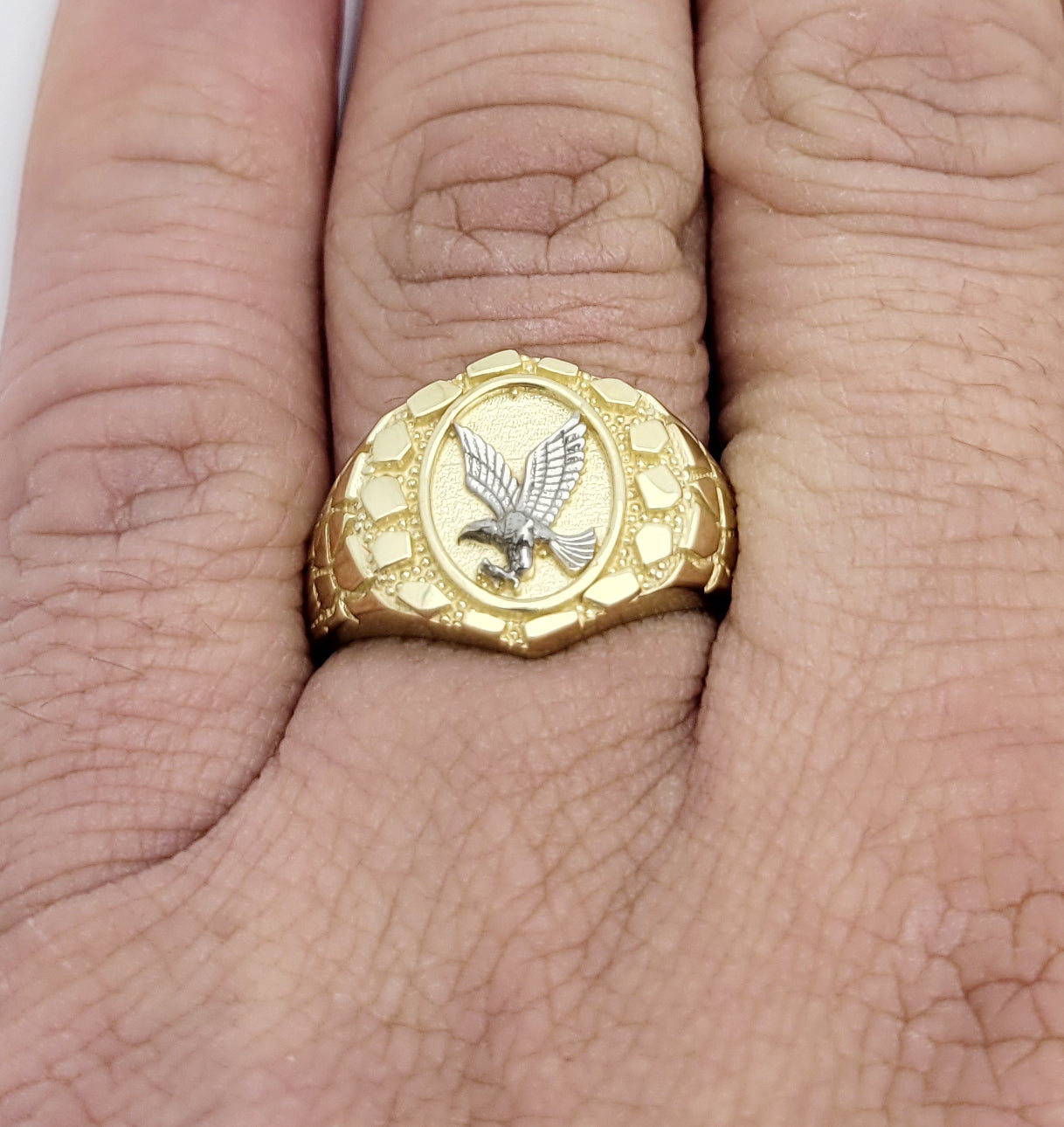 10K Solid Gold Eagle Ring Mens Gold Nugget Ring Oval Shape