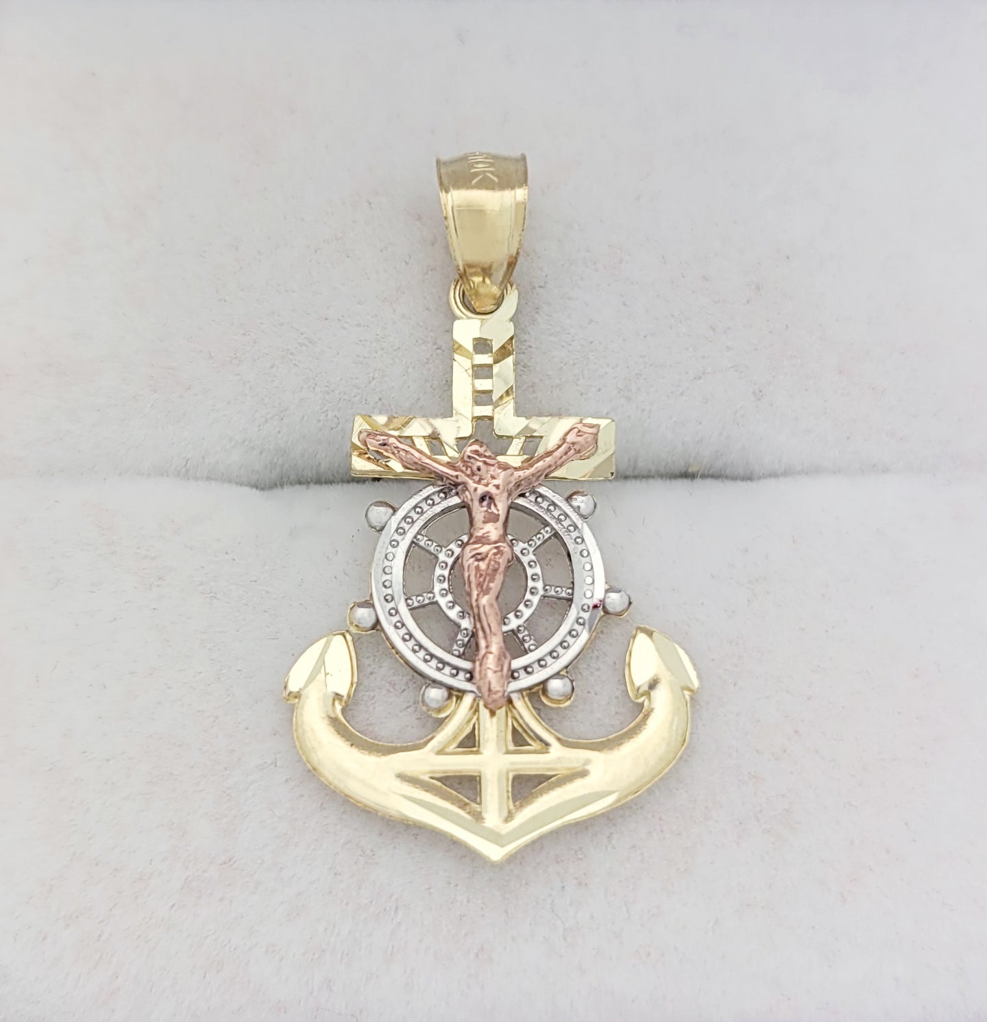 10K Tri Tone Gold Mariners Anchor Charm Cross Pendant