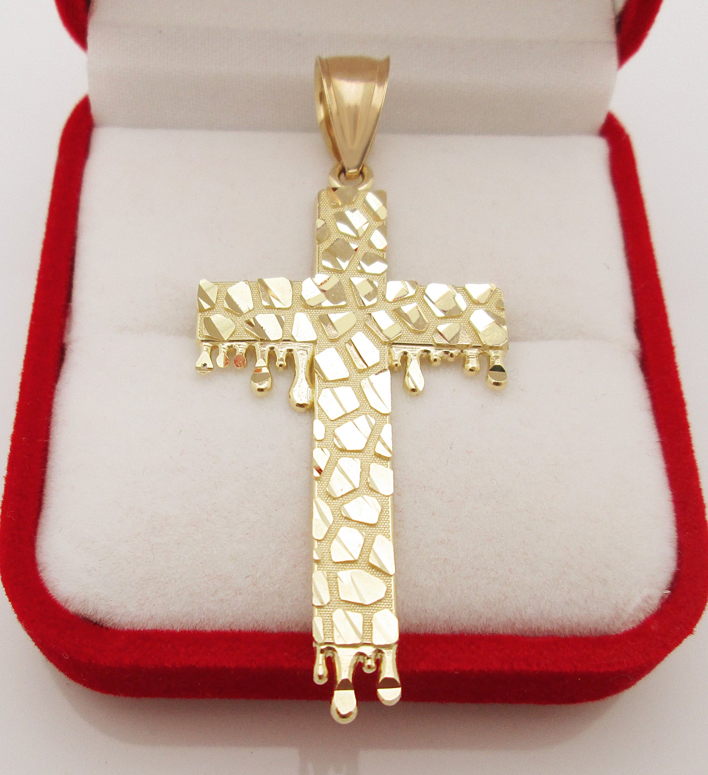 10k Yellow Gold Cross Pendant Diamond Cut Nugget Surface Gold Cross Blood Drip