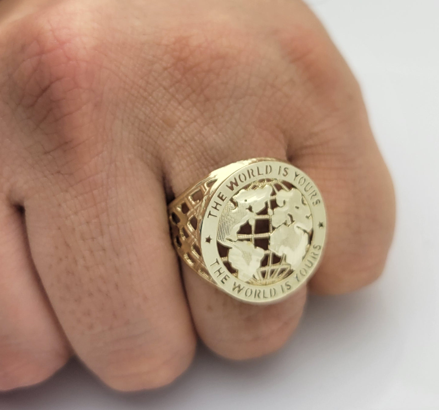 10K Yellow Gold Men's World Map Ring Globe Ring