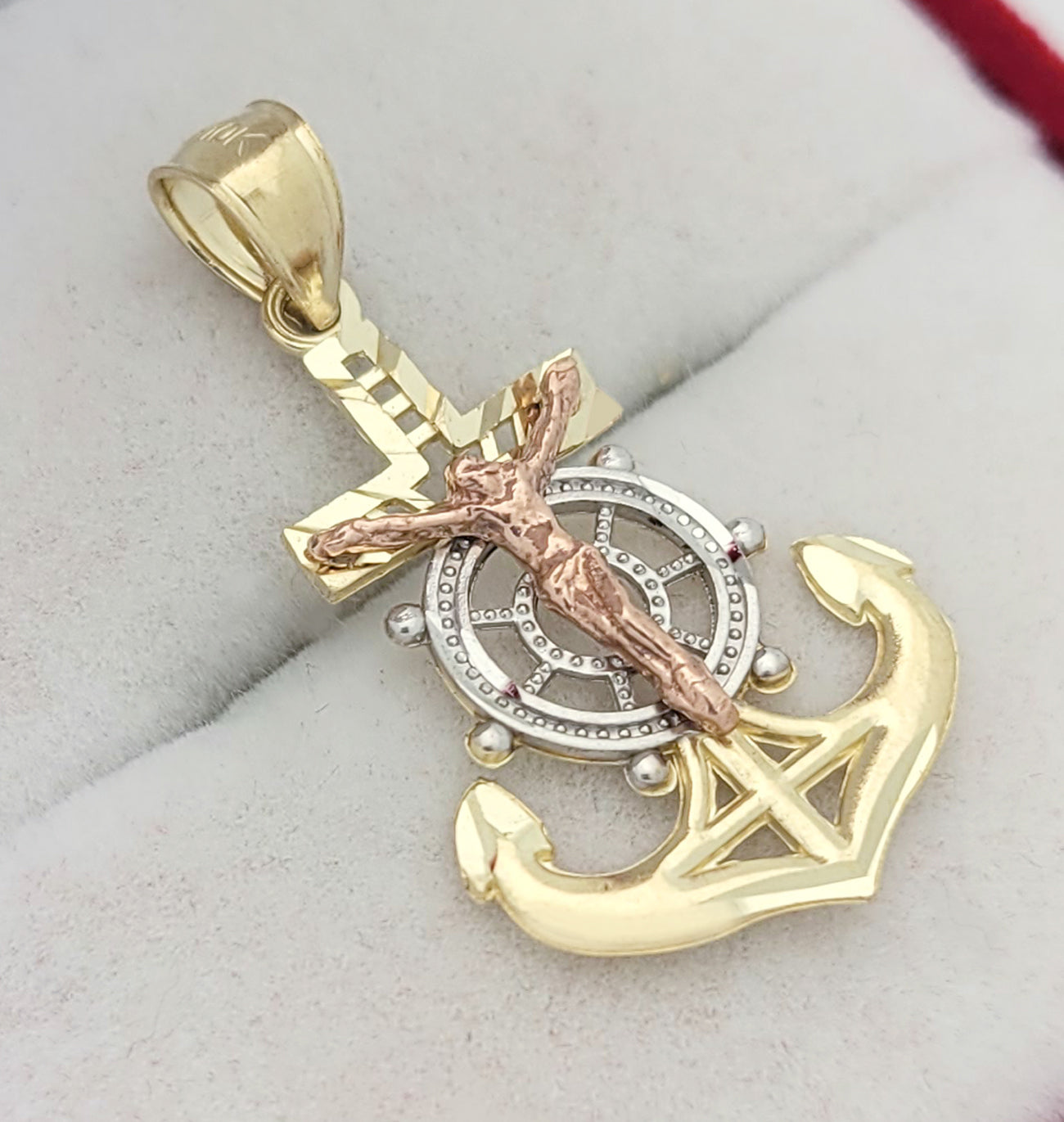 10K Tri Tone Gold Mariners Anchor Charm Cross Pendant