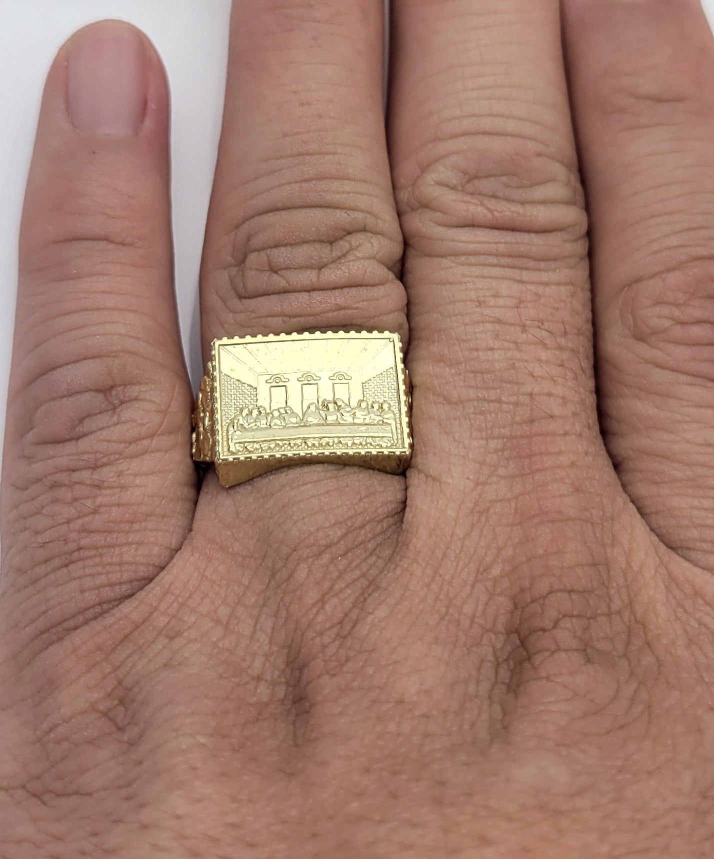 10K Yellow Gold Thin Last Supper Ring For Men Size 10.5