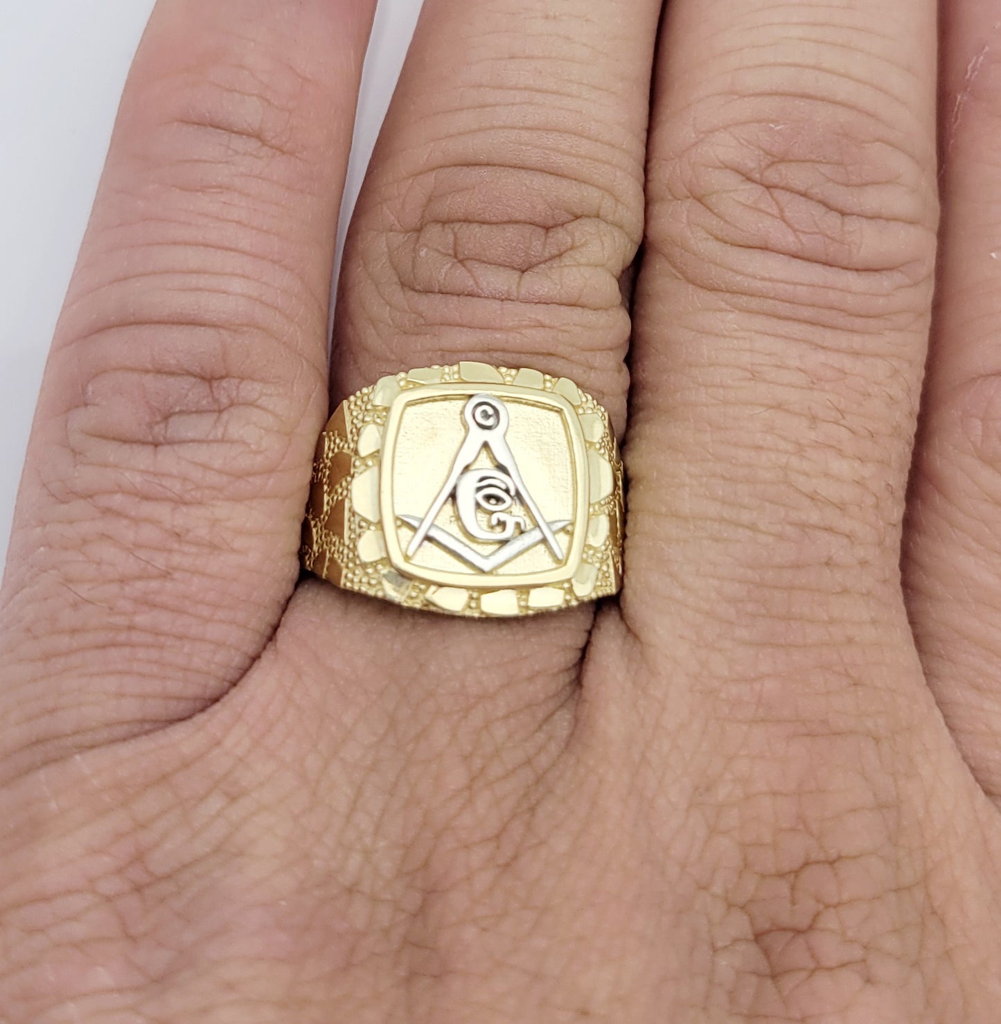 Men's 10K Yellow Gold Masonic Ring Freemason Ring Nugget Gold Ring