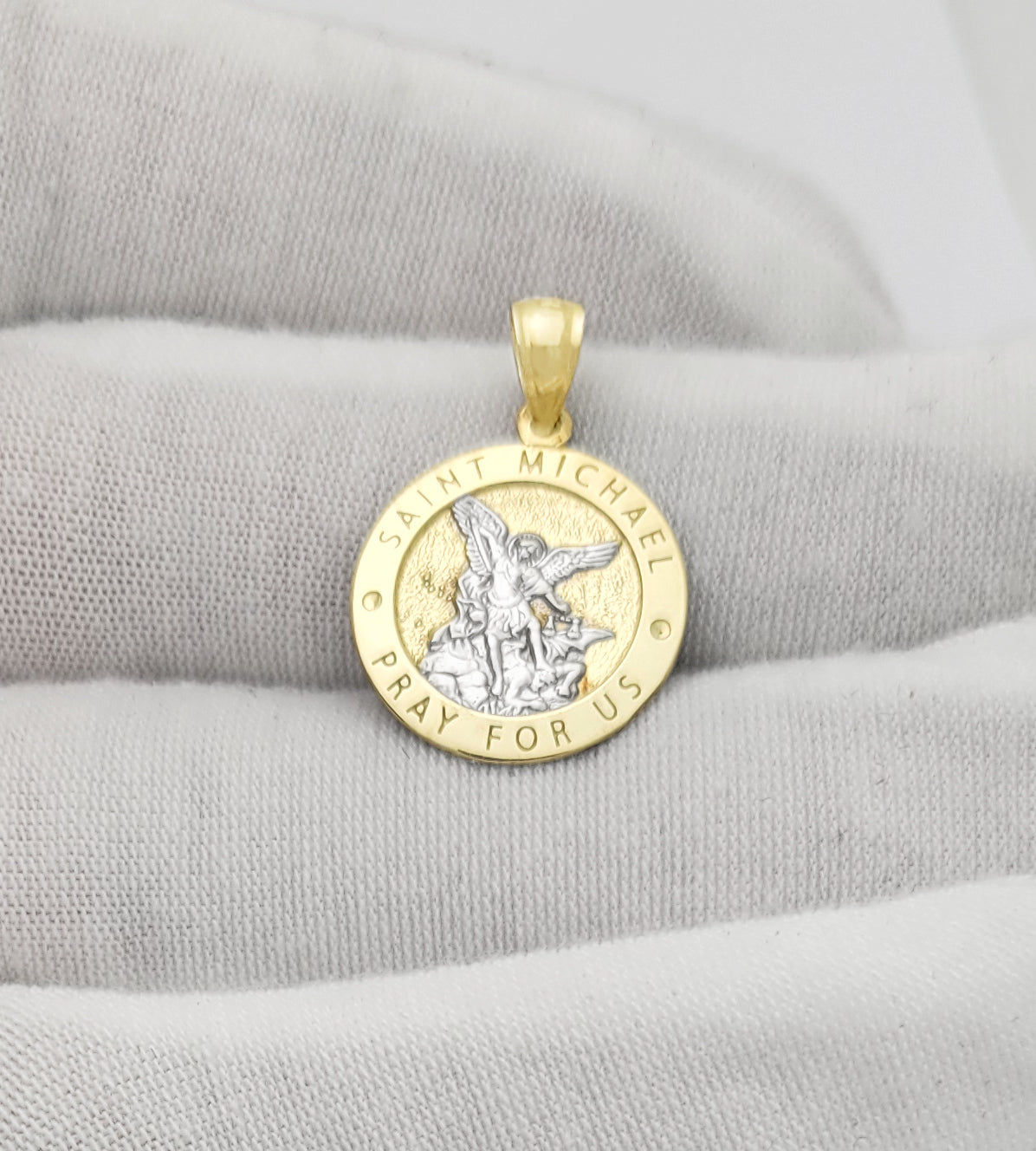 10K Gold St. Michael Pendant, Round Medal with Pray for Us Inscription, Two-Tone Gold Religious Charm