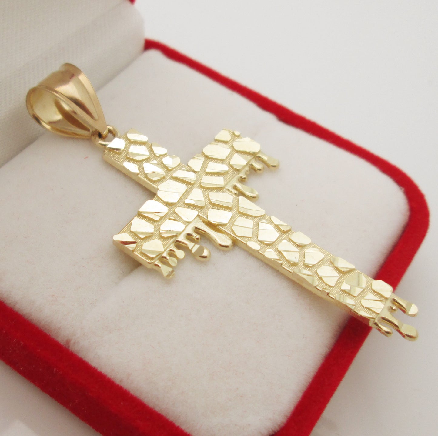10k Yellow Gold Cross Pendant Diamond Cut Nugget Surface Gold Cross Blood Drip