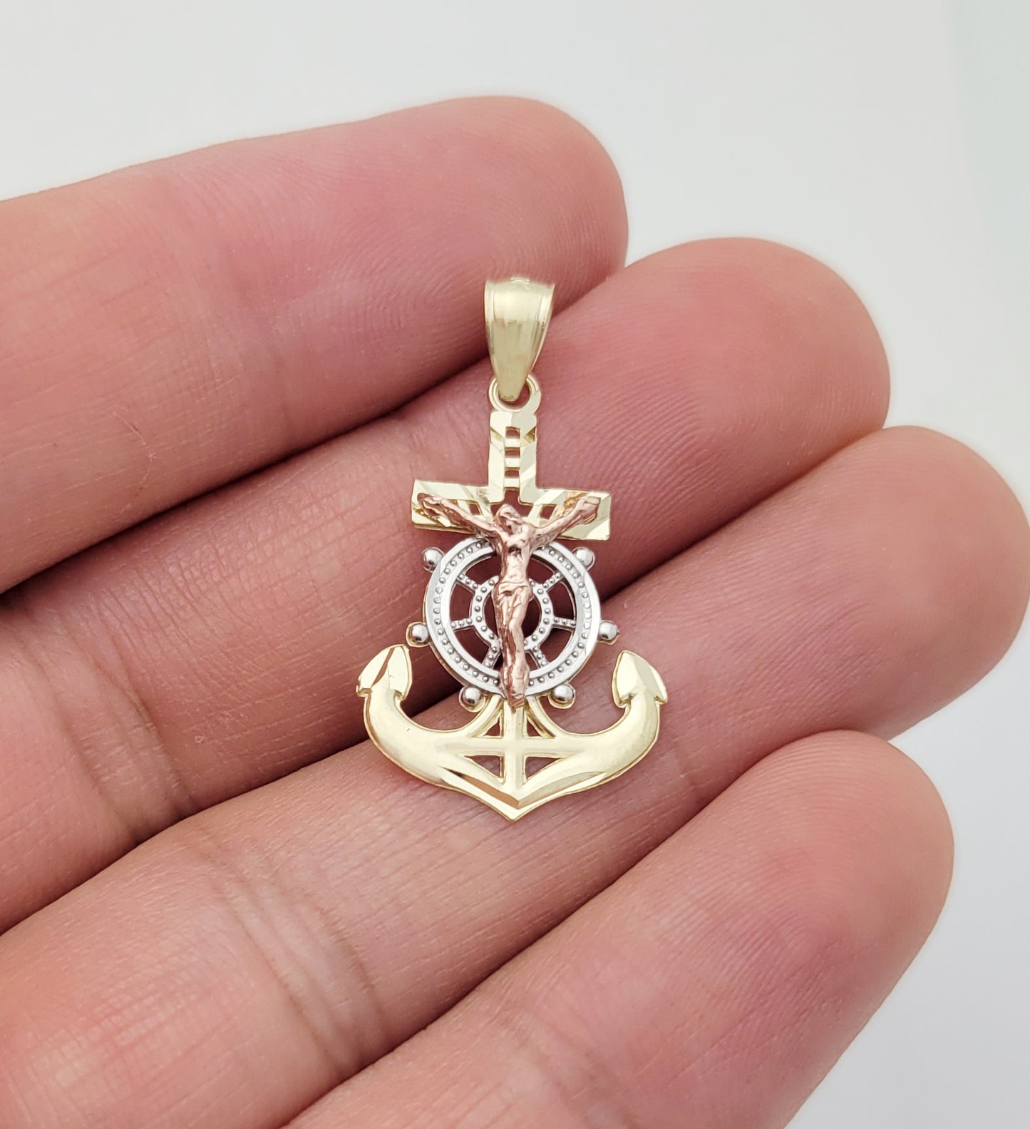 10K Tri Tone Gold Mariners Anchor Charm Cross Pendant