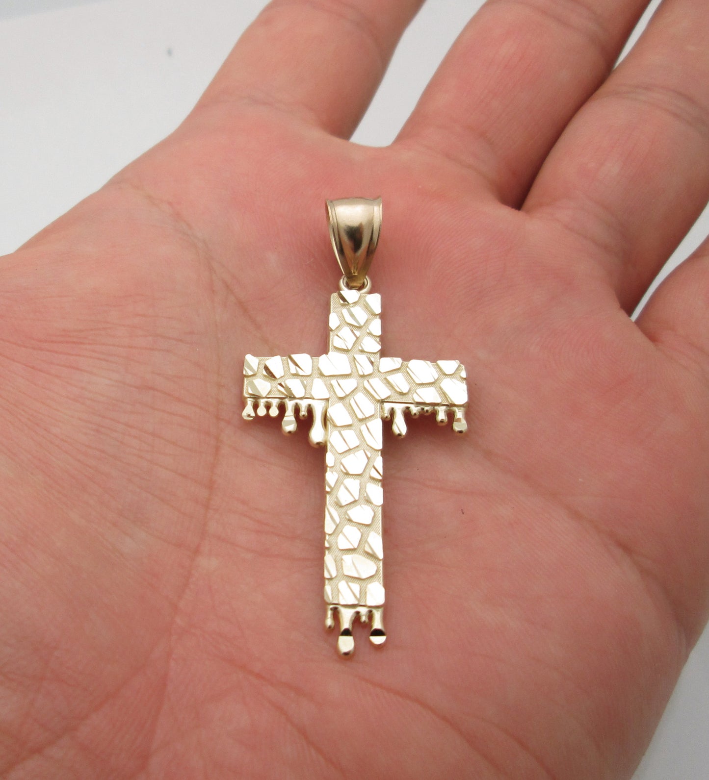 10k Yellow Gold Cross Pendant Diamond Cut Nugget Surface Gold Cross Blood Drip