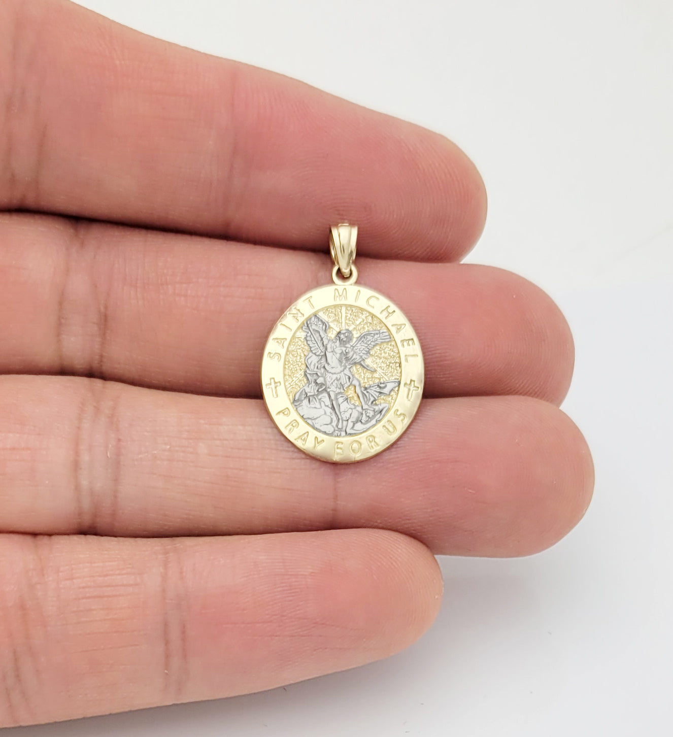 10K Yellow Gold Saint Michael The Archangel Pendant Charm Oval