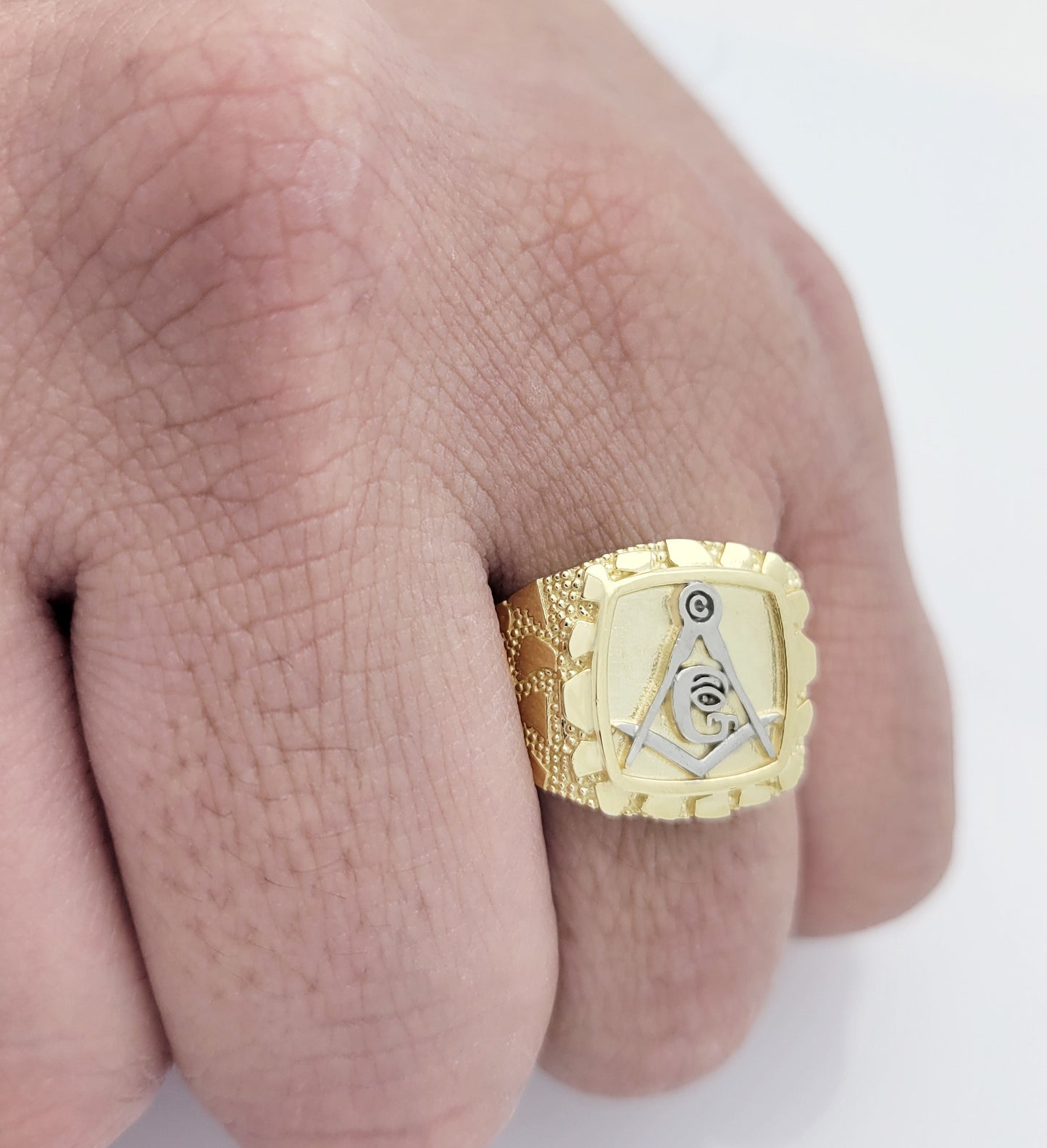 Men's 10K Yellow Gold Masonic Ring Freemason Ring Nugget Gold Ring