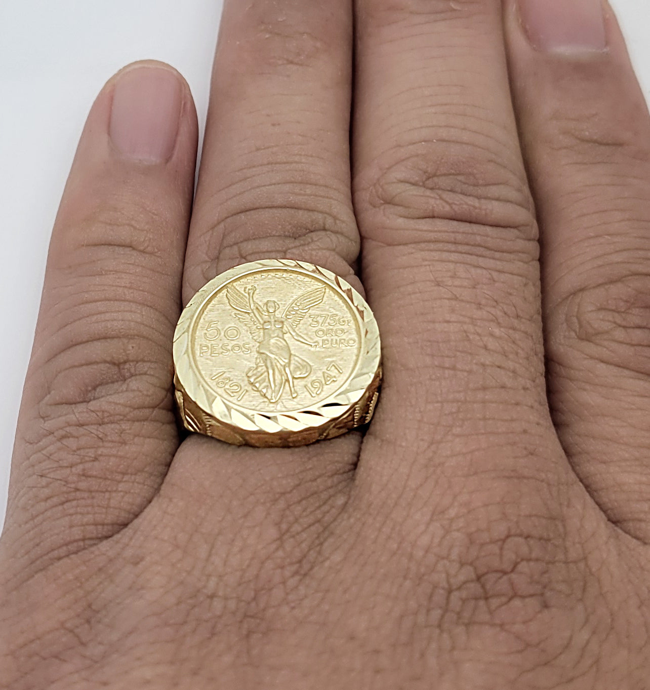 10K Yellow Gold 50 Pesos 1821 Coin Design Ring Thin Gold Ring