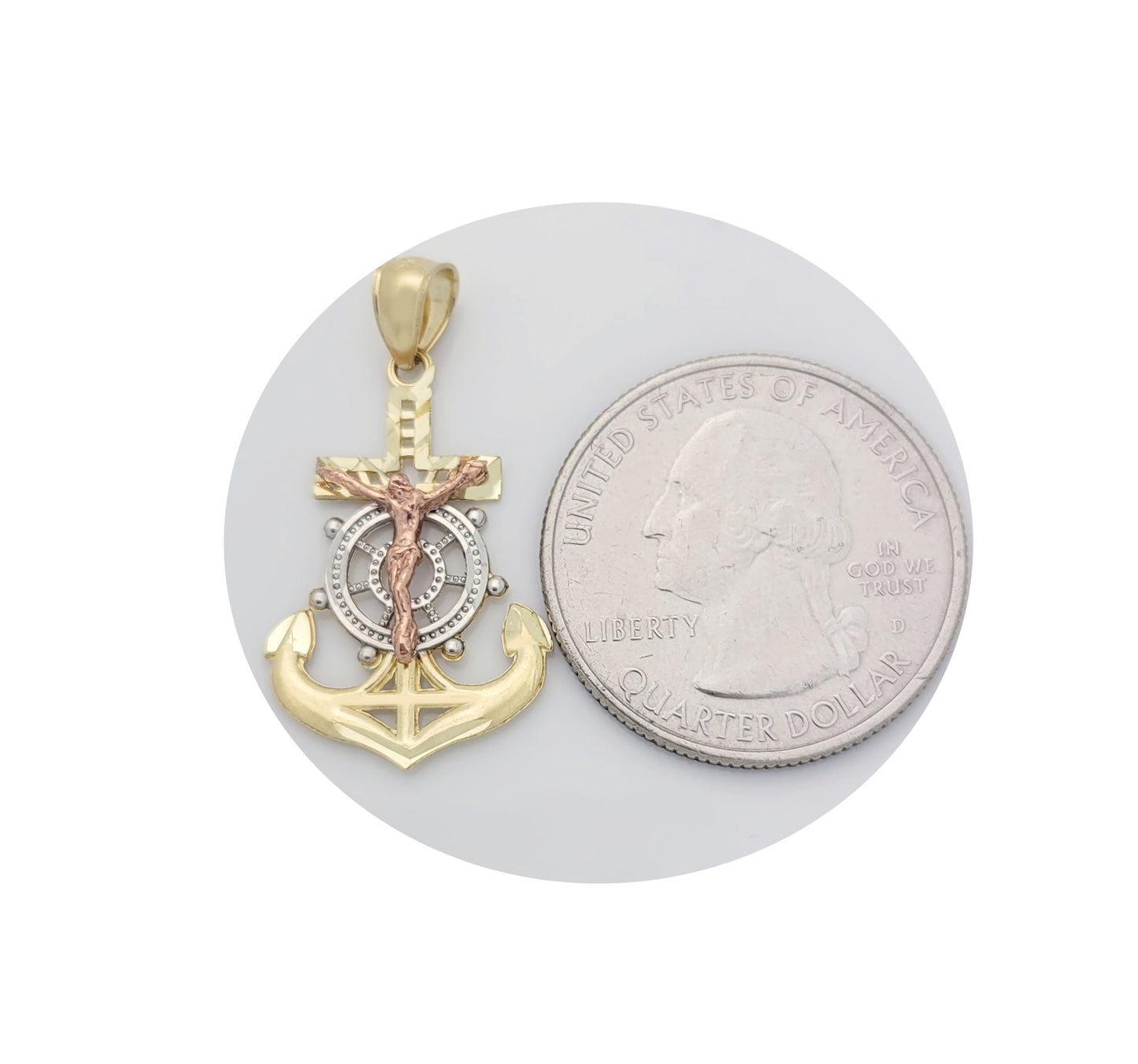 10K Tri Tone Gold Mariners Anchor Charm Cross Pendant