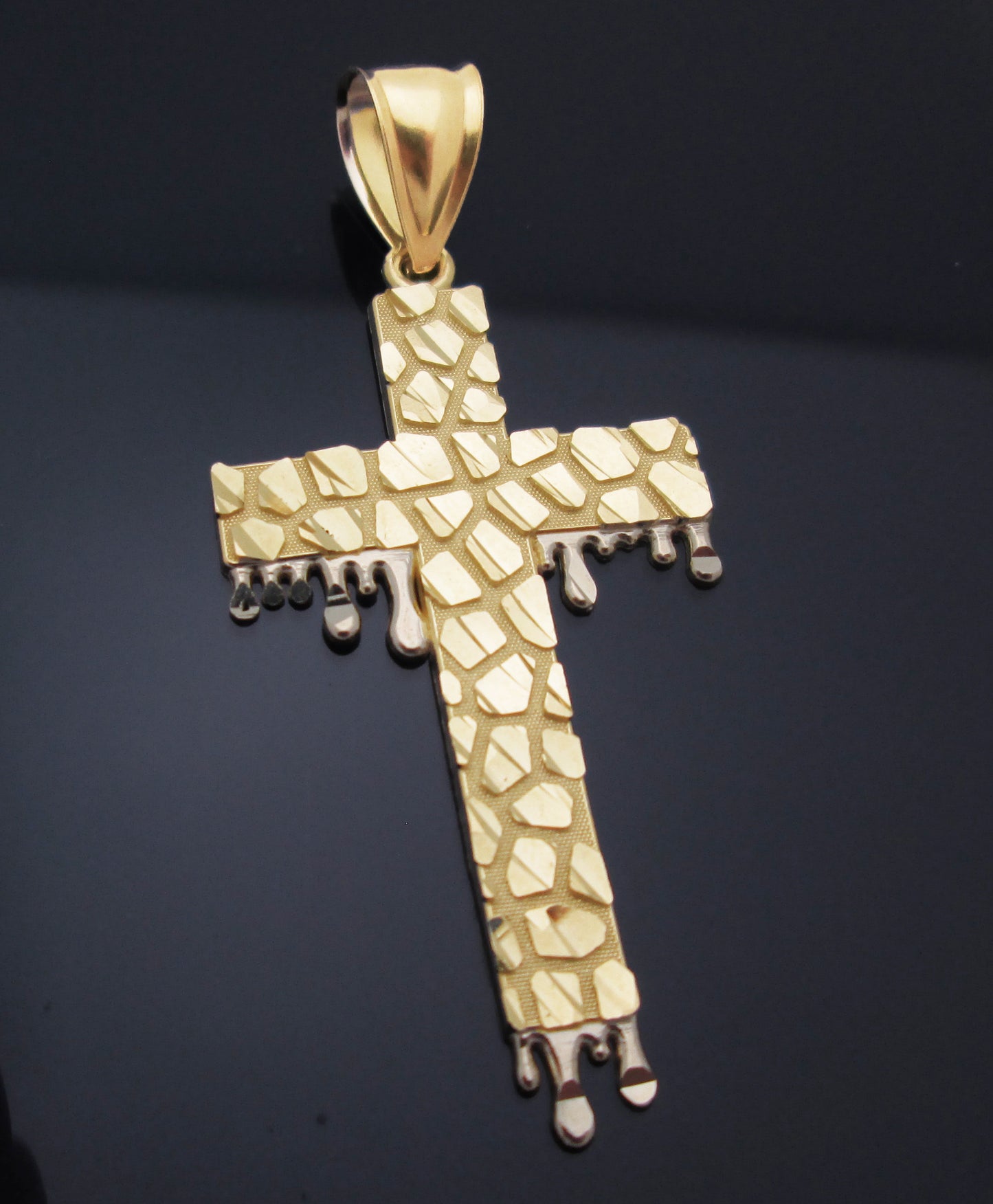 10k Yellow Gold Cross Pendant Diamond Cut Nugget Surface Gold Cross Blood Drip