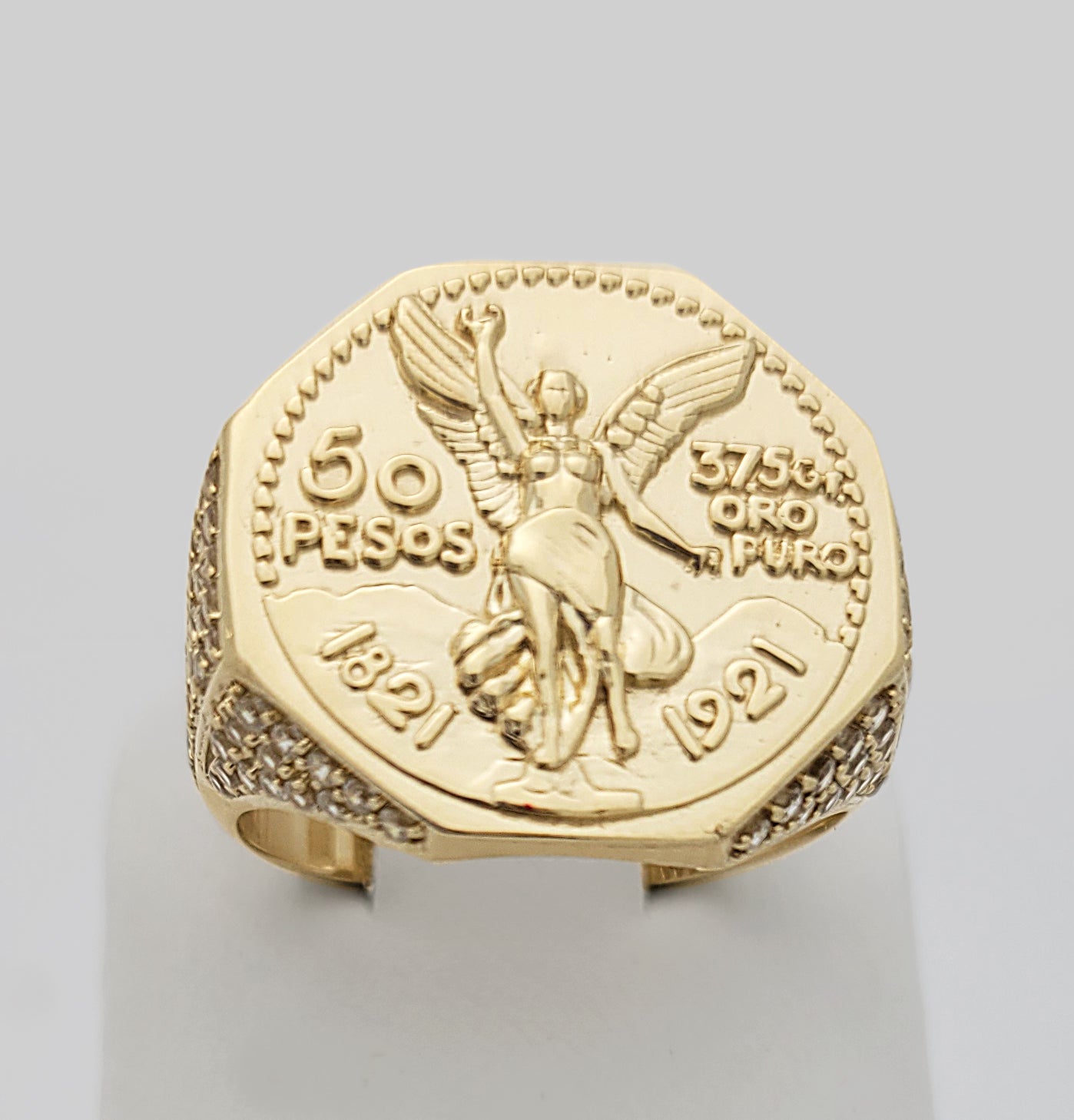 10K Yellow Gold 50 Pesos 1821 Coin Design Ring a Product cast with a coin design Octagon Ring