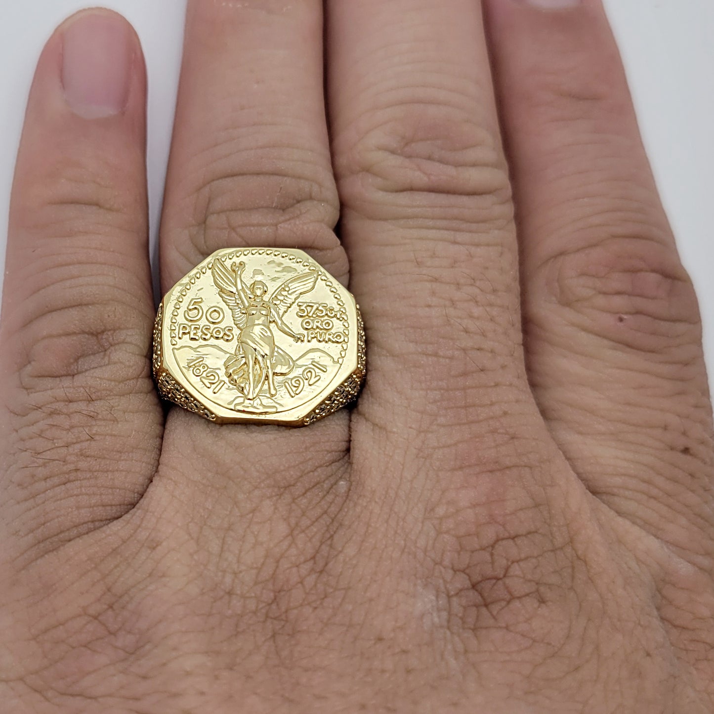 10K Yellow Gold 50 Pesos 1821 Coin Design Ring a Product cast with a coin design Octagon Ring