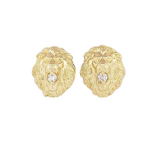 10K Yellow Gold Lion Head Earrings 14.5 mm x 12.5 mm