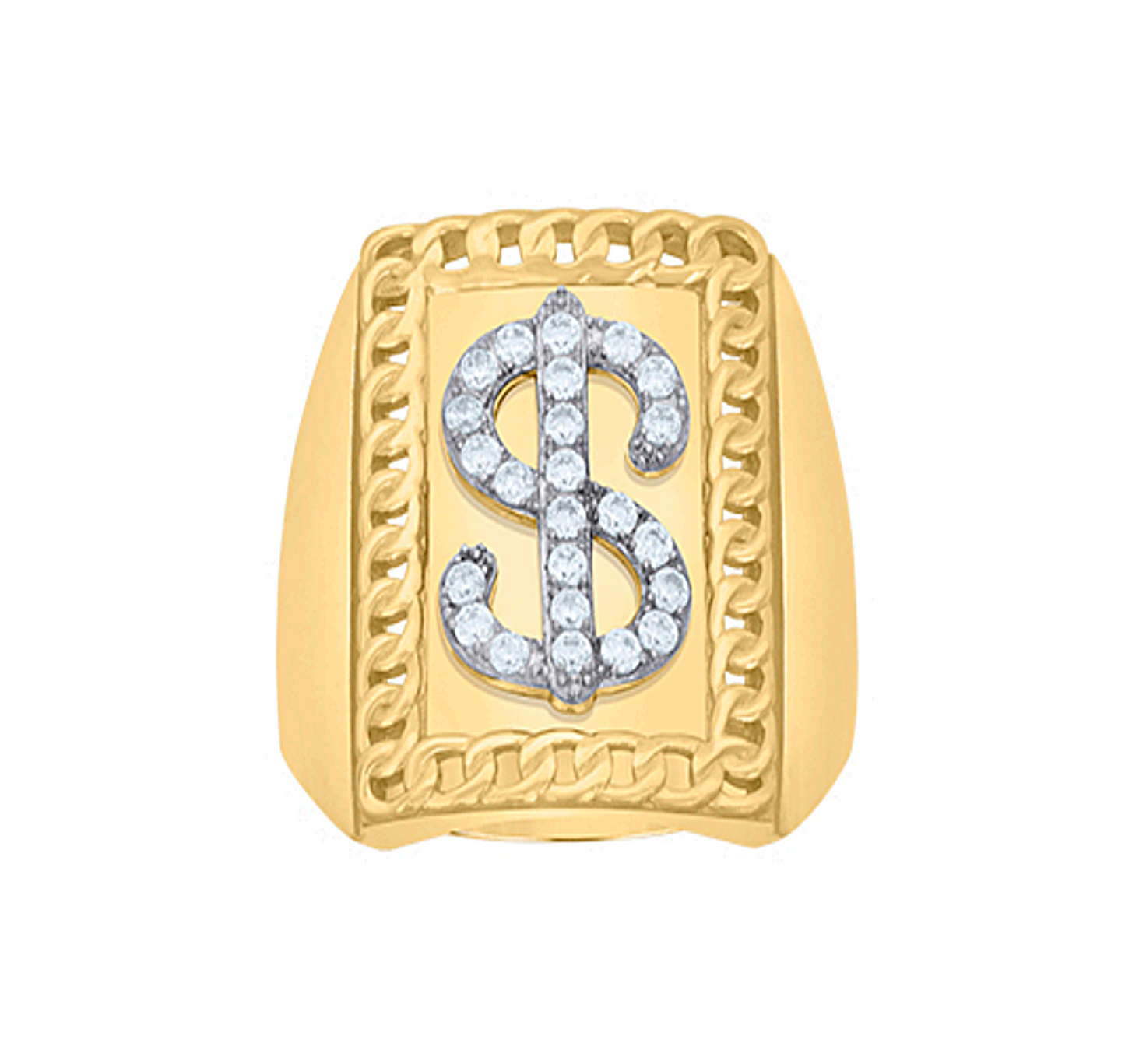 Men's 10k Yellow Gold Dollar Sign Ring $ Ring Cuban Link Rim