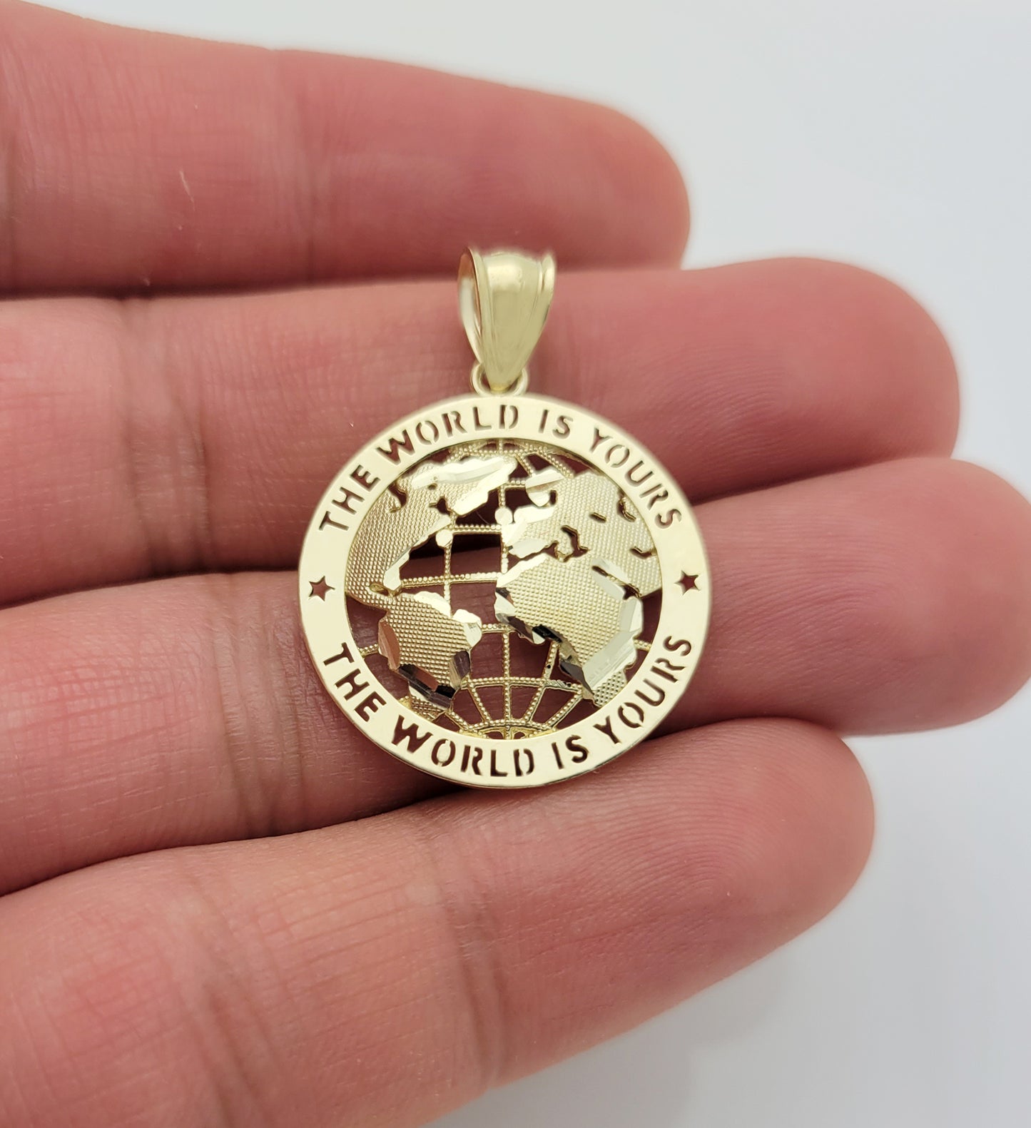 10K Yellow Gold World Map Pendant Globe Charm 1.2 inch