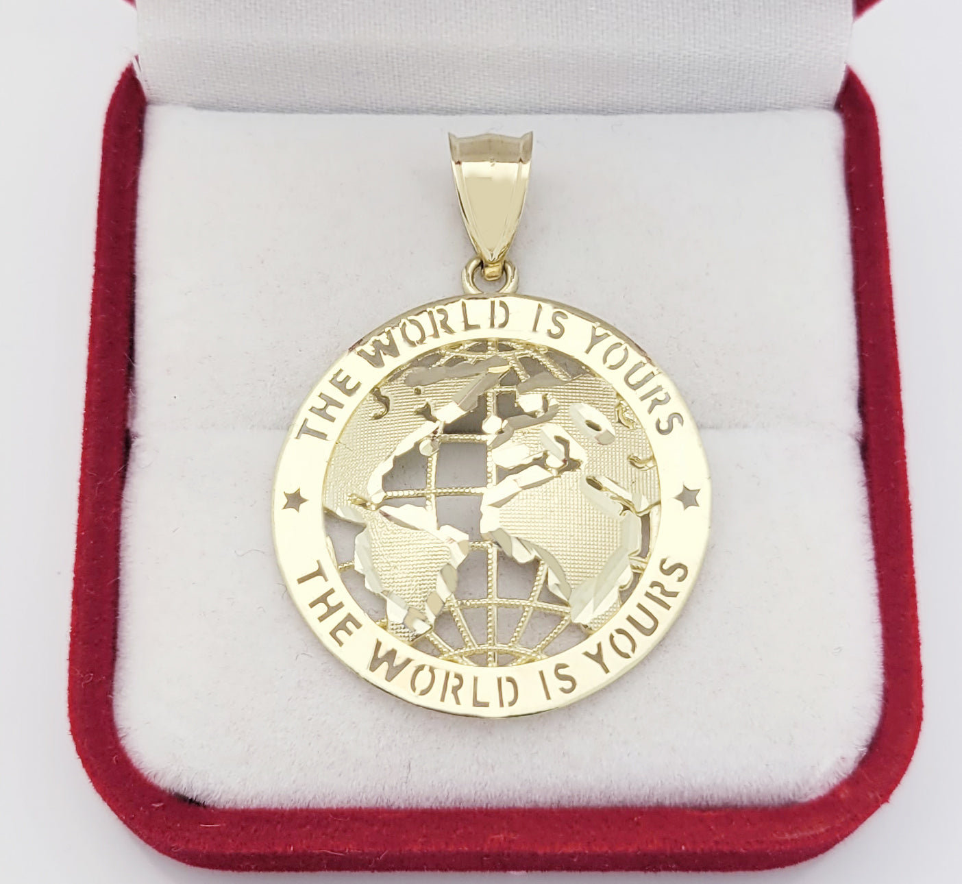 Mens Gold Globe Pendant World Map Charm 10K Yellow Gold 1.5 inch