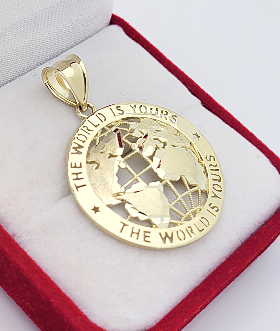 Mens Gold Globe Pendant World Map Charm 10K Yellow Gold 1.5 inch