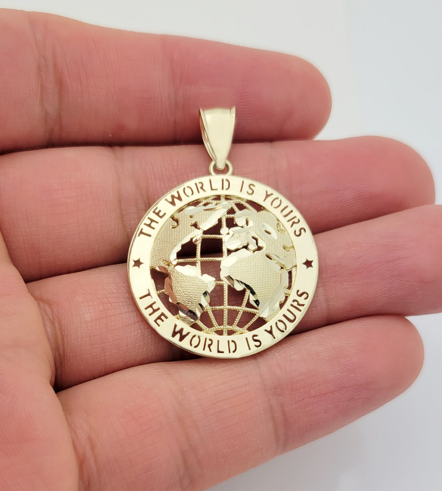 Mens Gold Globe Pendant World Map Charm 10K Yellow Gold 1.5 inch