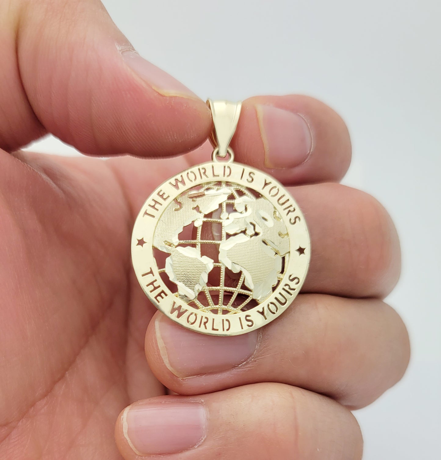 Mens Gold Globe Pendant World Map Charm 10K Yellow Gold 1.5 inch