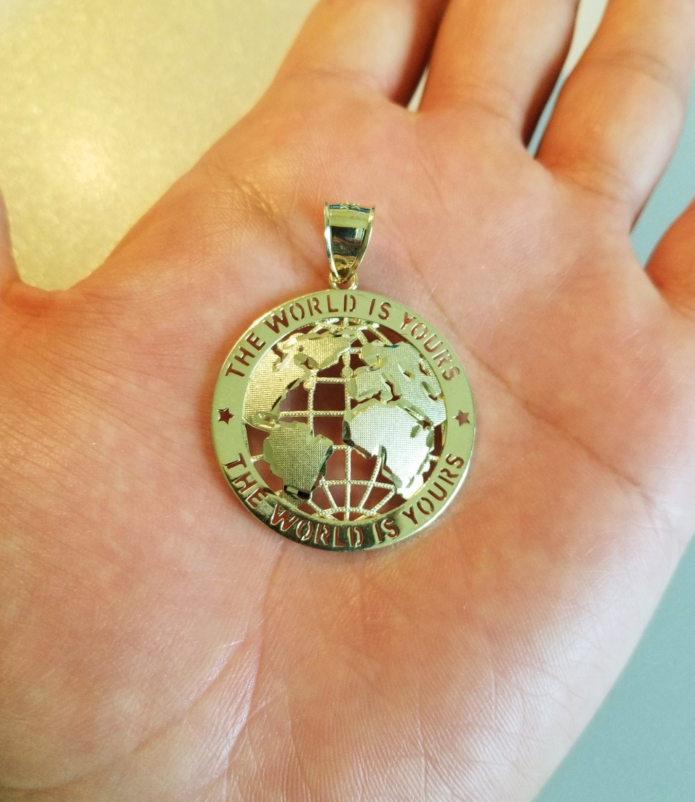 Men's 10K Yellow Gold World Map Pendant Globe Charm 1.75 inch