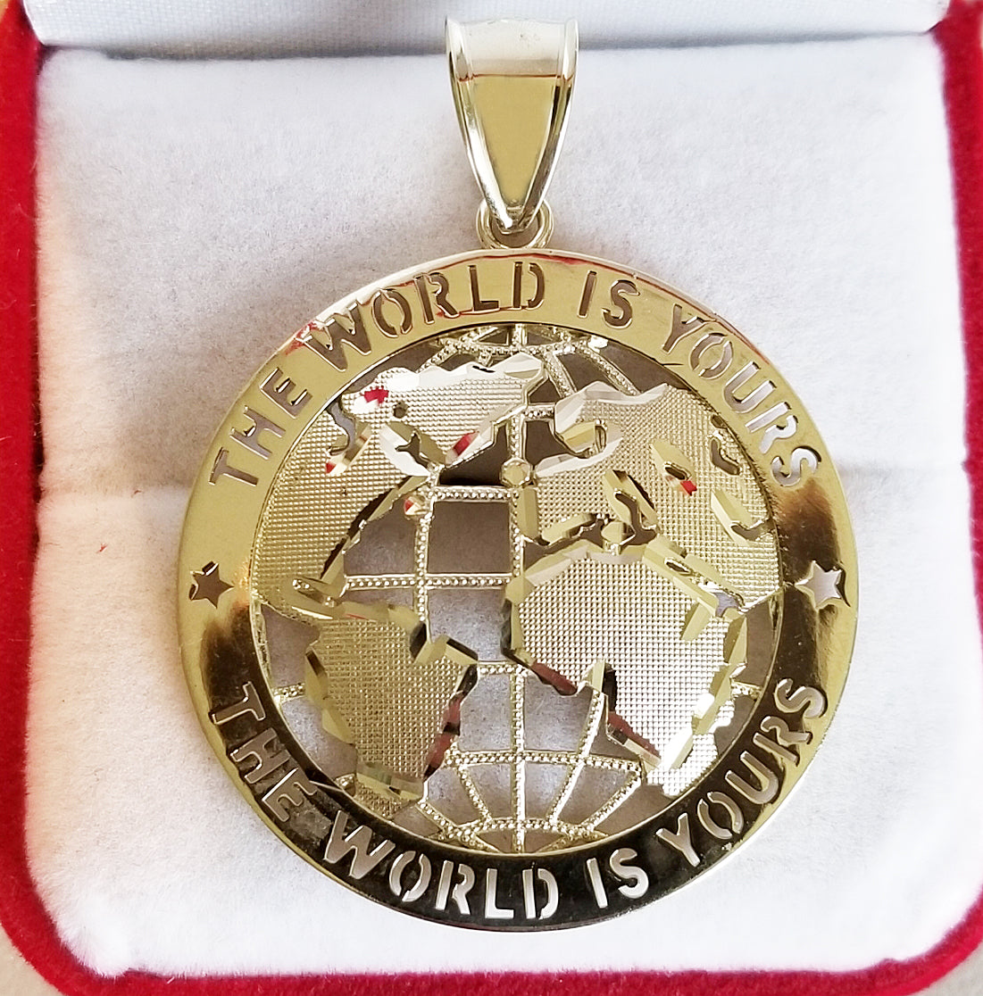 Men's 10K Yellow Gold World Map Pendant Globe Charm 1.75 inch