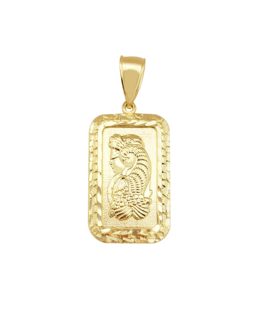 10k Yellow Gold Lady Fortuna Bar Pendant Nugget Cut Frame Lady Fortuna Bar 1 inch