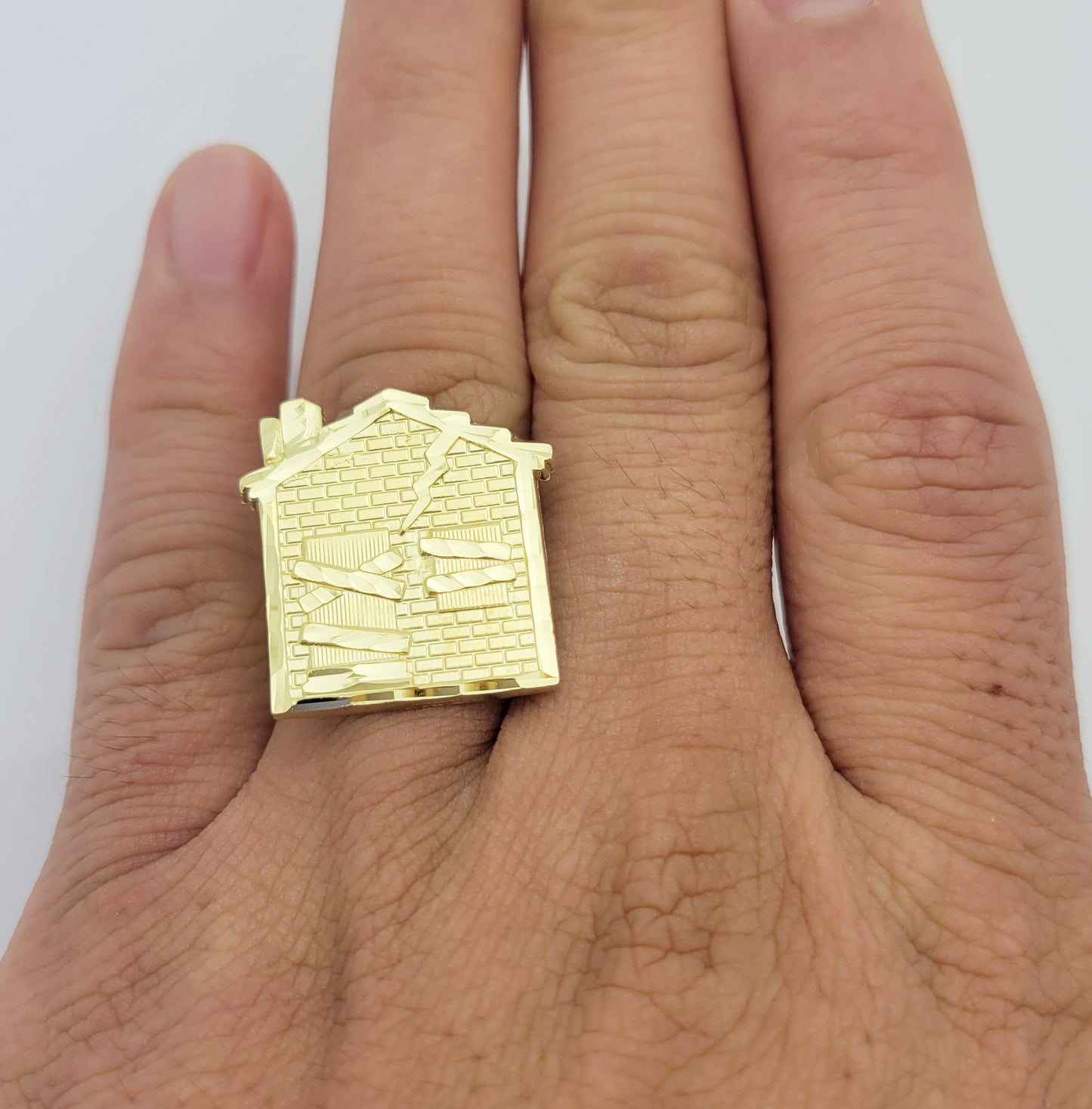 10K Yellow Gold Trap House Ring Head Size 0.95 in x 0.9 in